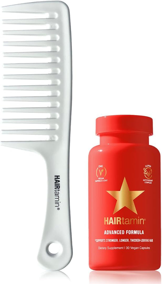 Vegan Biotin Supplement Pack for Hair, Skin & Nails with Detangling Comb - Promotes Growth & Thickness