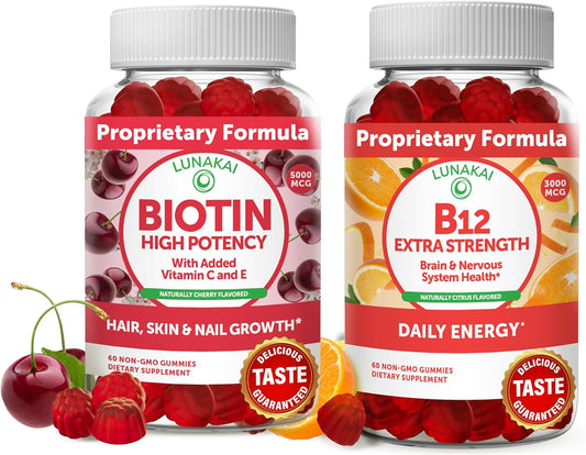 Vegan Biotin & Vitamin B12 Gummies Bundle for Hair, Skin & Nails Growth - Includes Vitamin C & E - Non-GMO Supplement for Energy & Bone Health - 30 Day Supply