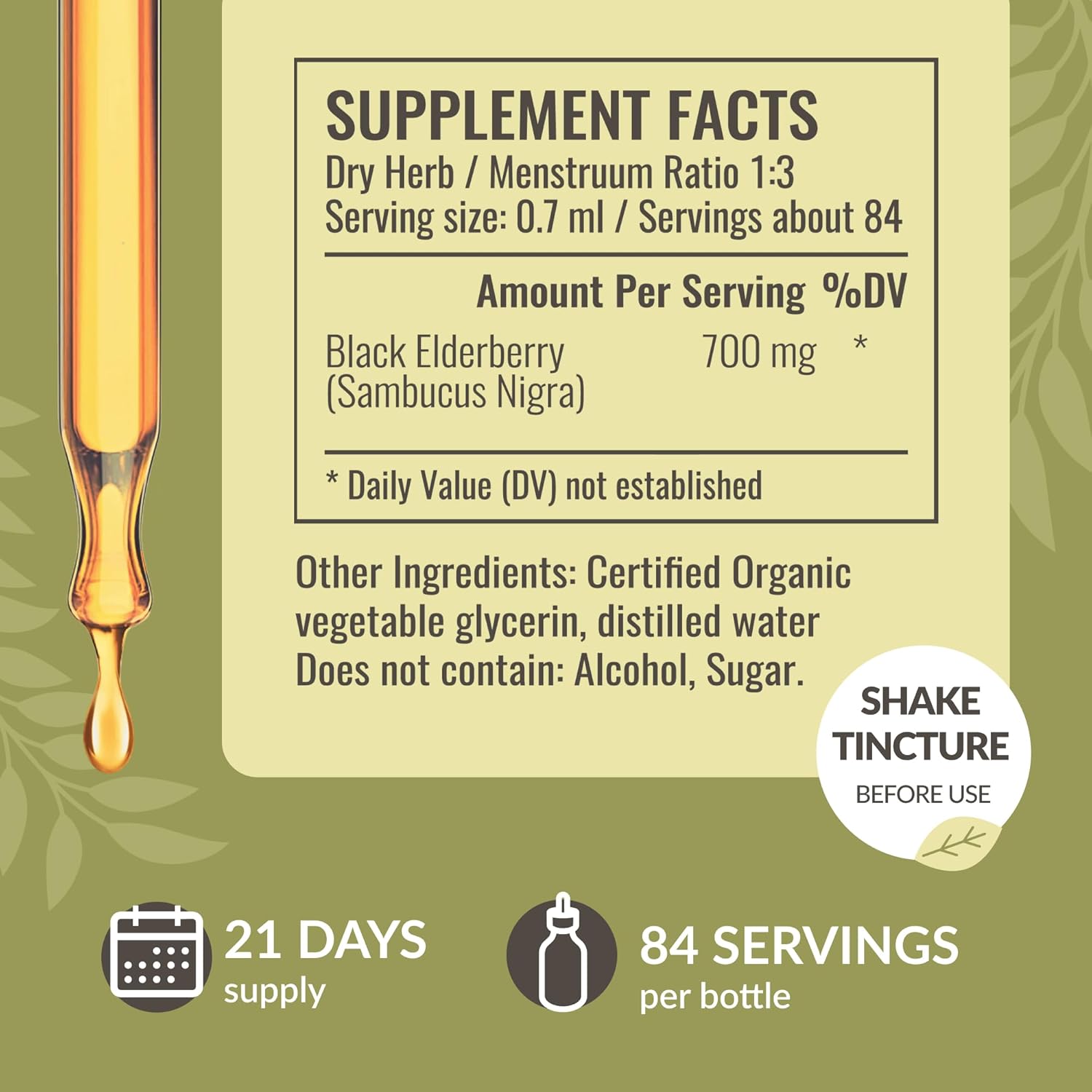 Vegan Black Elderberry Drops for Immune Support - Non-GMO Liquid Extract - Alcohol & Sugar-Free - 21-Day Supply