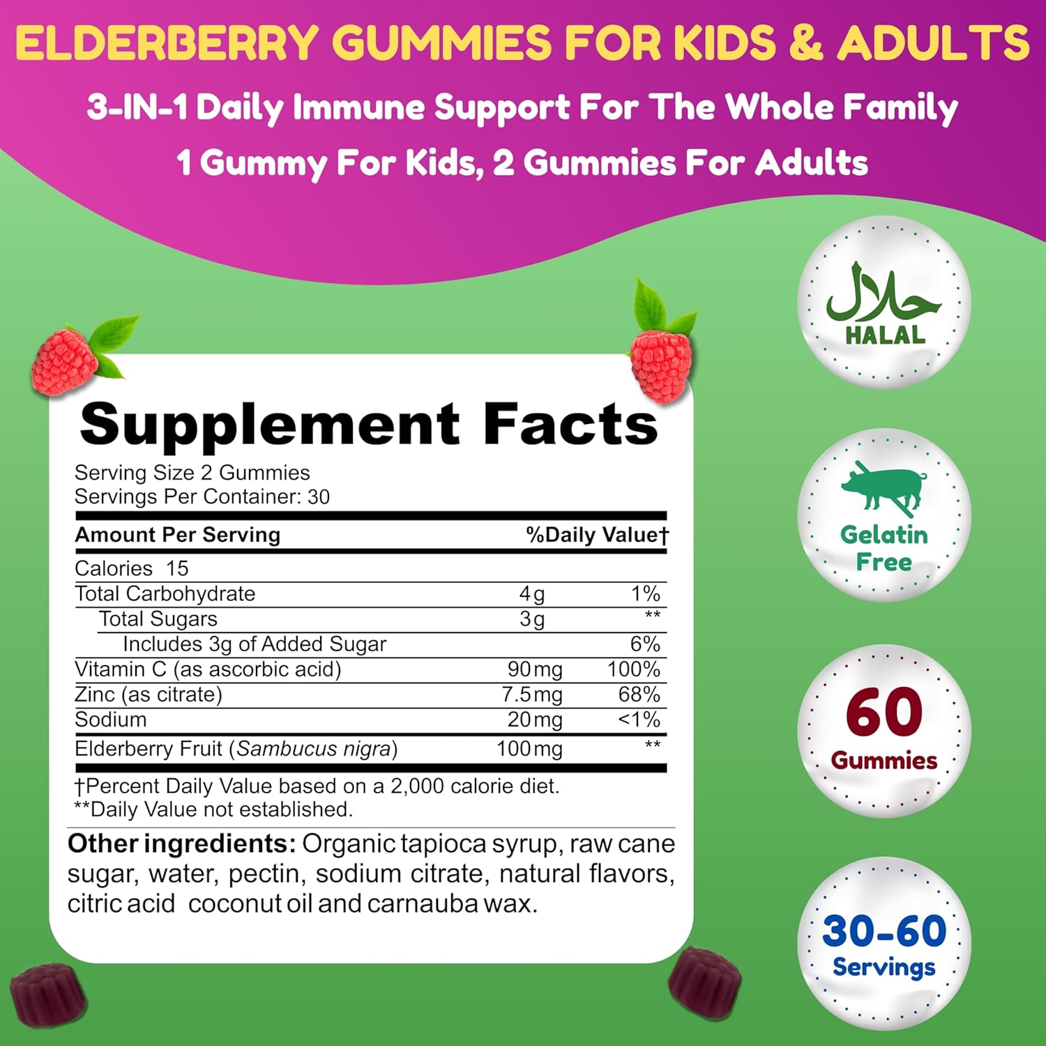 Vegan Black Sambucus Elderberry Gummies with Vitamin C and Zinc for Immune Support | Non-GMO Halal Vitamins | 60 Gummies