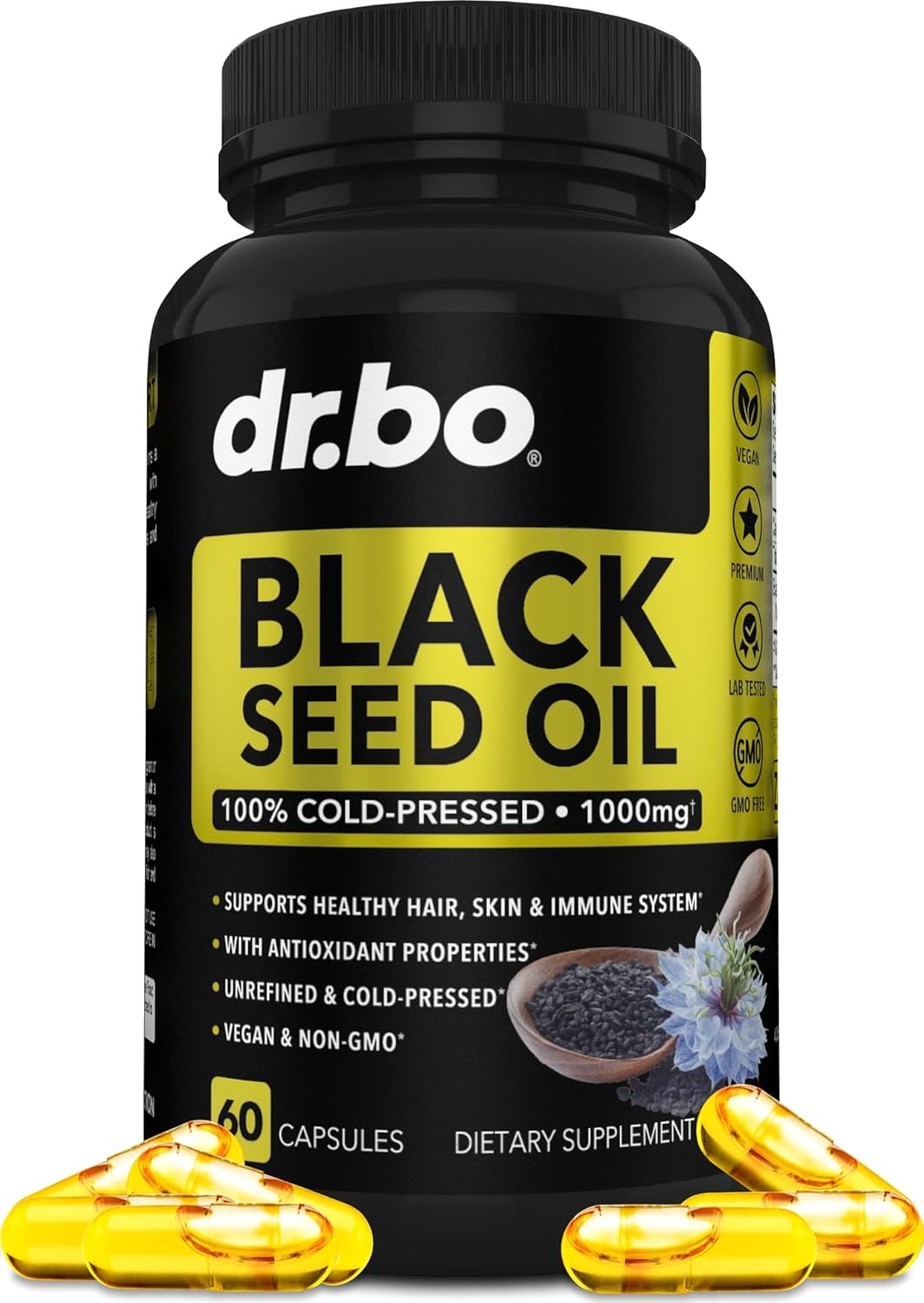 Vegan Black Seed Oil Capsules - Cold Pressed Nigella Sativa for Skin & Hair Health - 60 Softgels, 1000mg Per Serving