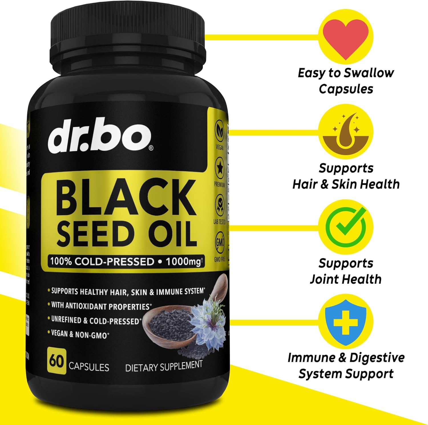 Vegan Black Seed Oil Capsules - Cold Pressed Nigella Sativa for Skin & Hair Health - 60 Softgels, 1000mg Per Serving