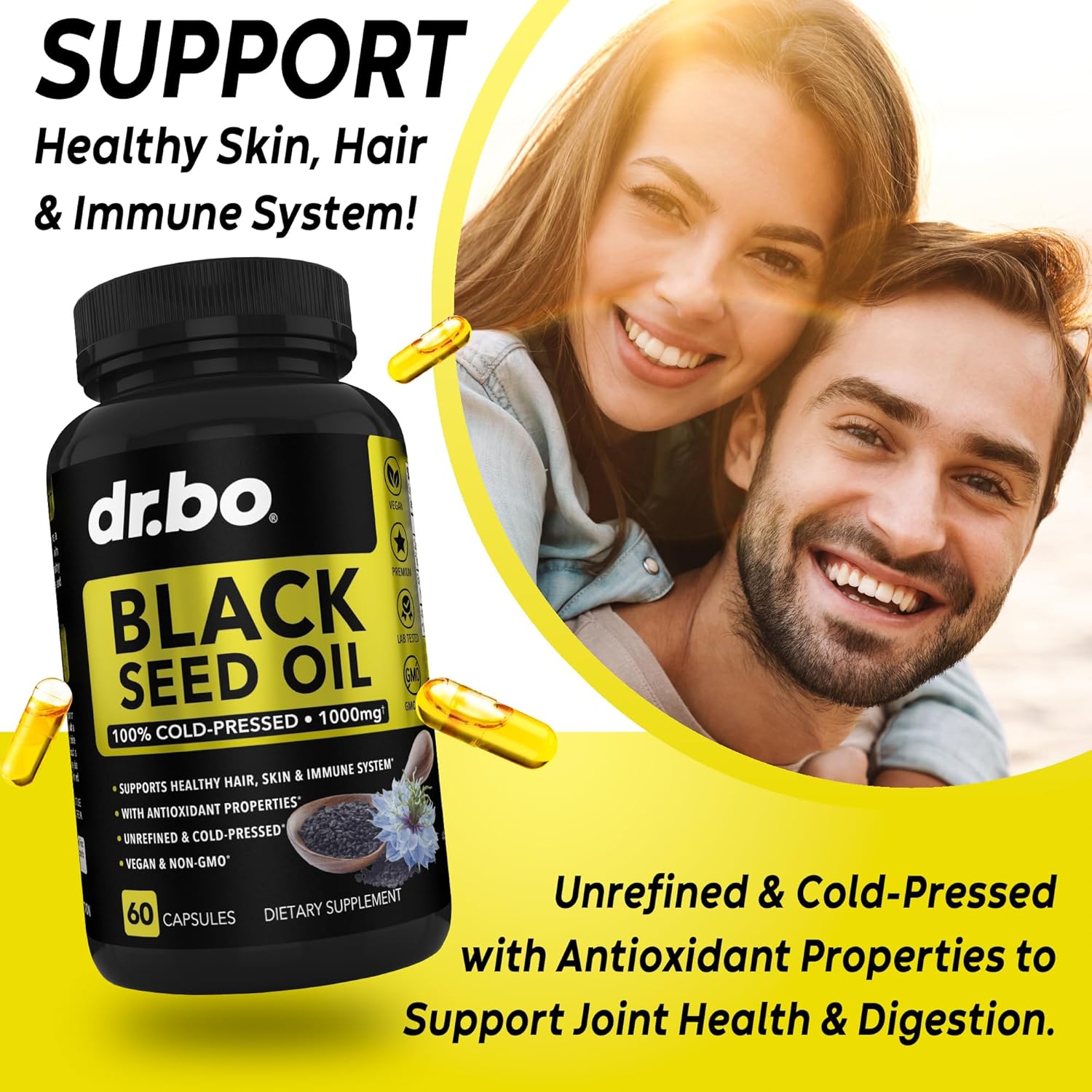 Vegan Black Seed Oil Capsules - Cold Pressed Nigella Sativa for Skin & Hair Health - 60 Softgels, 1000mg Per Serving
