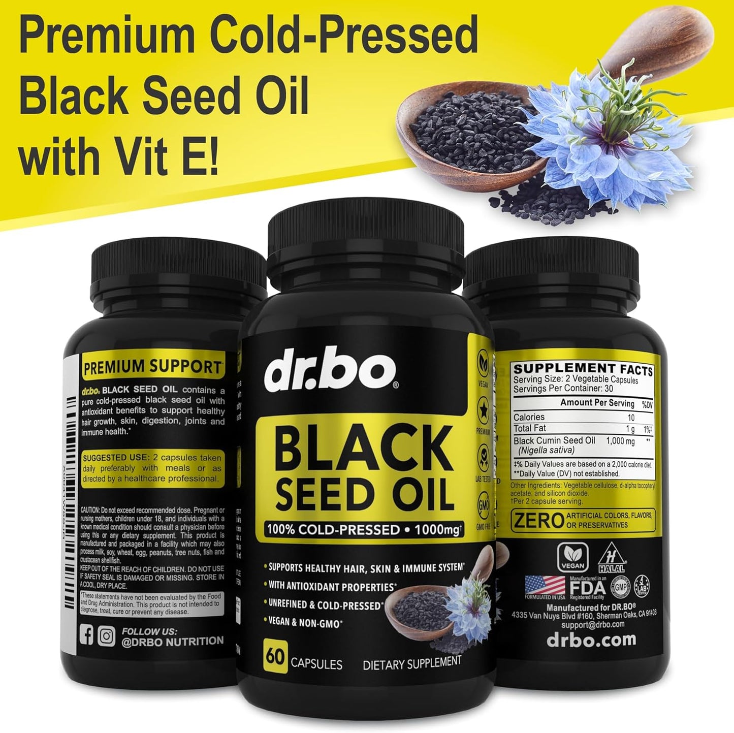 Vegan Black Seed Oil Capsules - Cold Pressed Nigella Sativa for Skin & Hair Health - 60 Softgels, 1000mg Per Serving