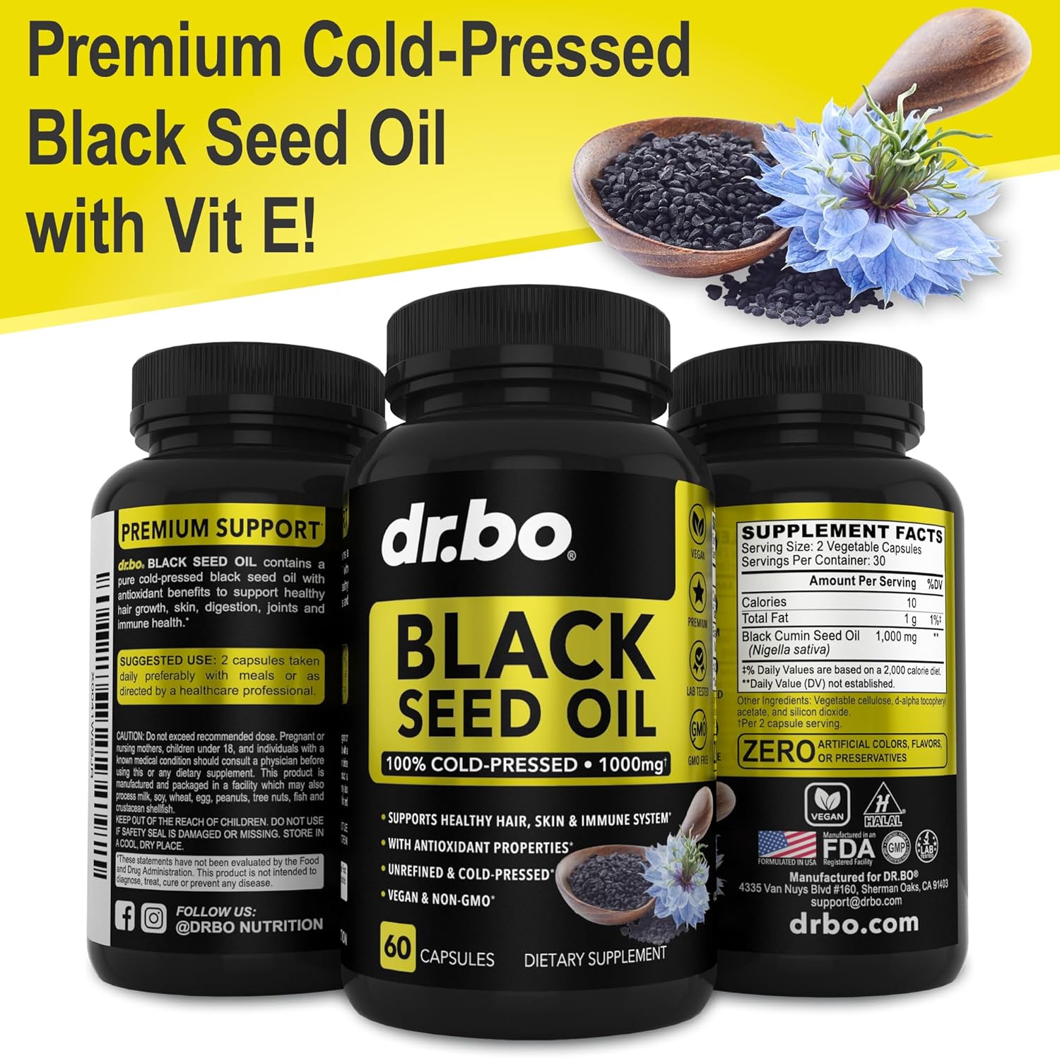 Vegan Black Seed Oil Capsules - Cold Pressed Nigella Sativa for Skin & Hair Health - 60 Softgels, 1000mg Per Serving