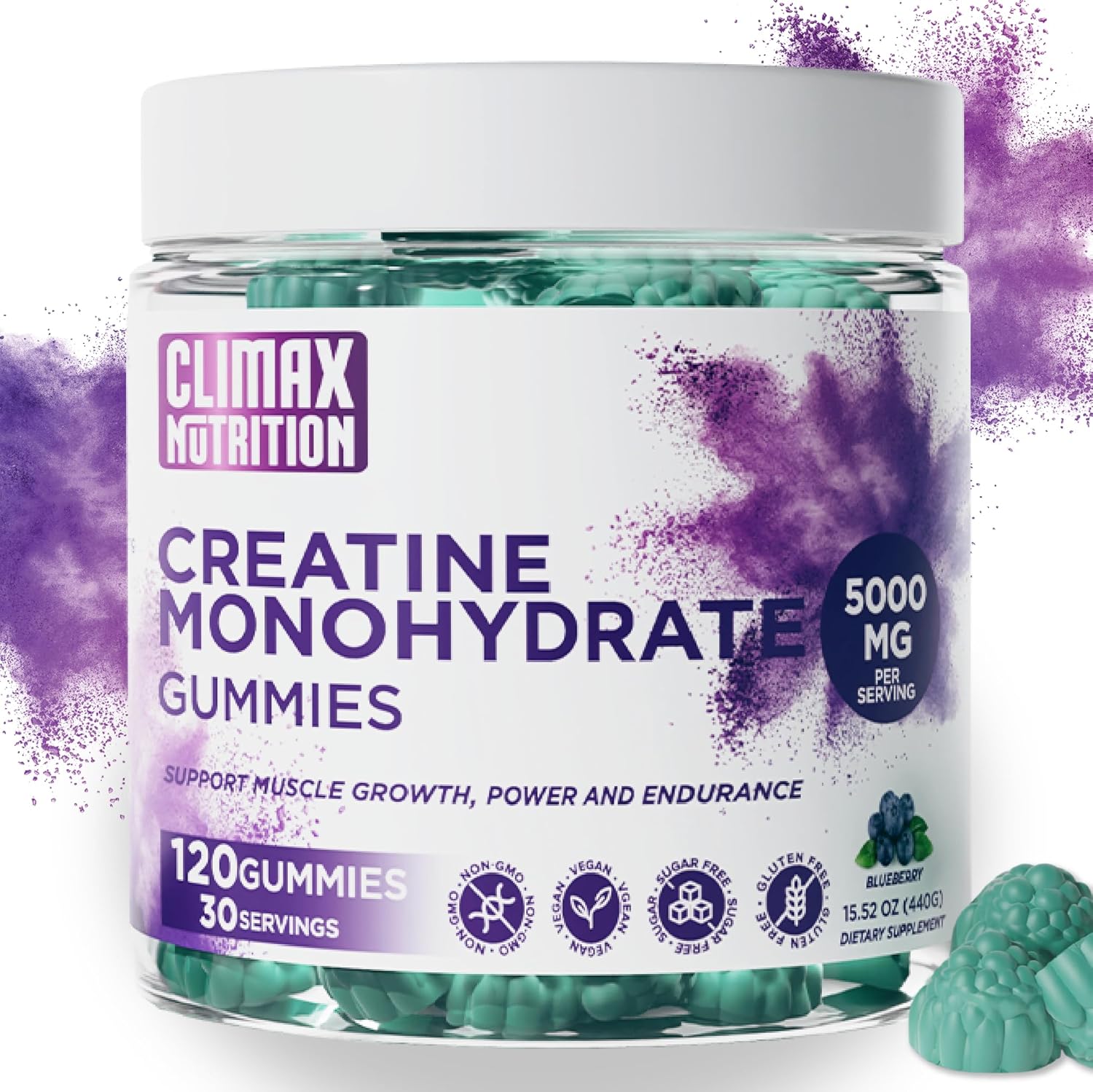 Vegan Blueberry Creatine Gummies for Muscle Recovery & Brain Health - 120 Sugar-Free Gummies for Men & Women