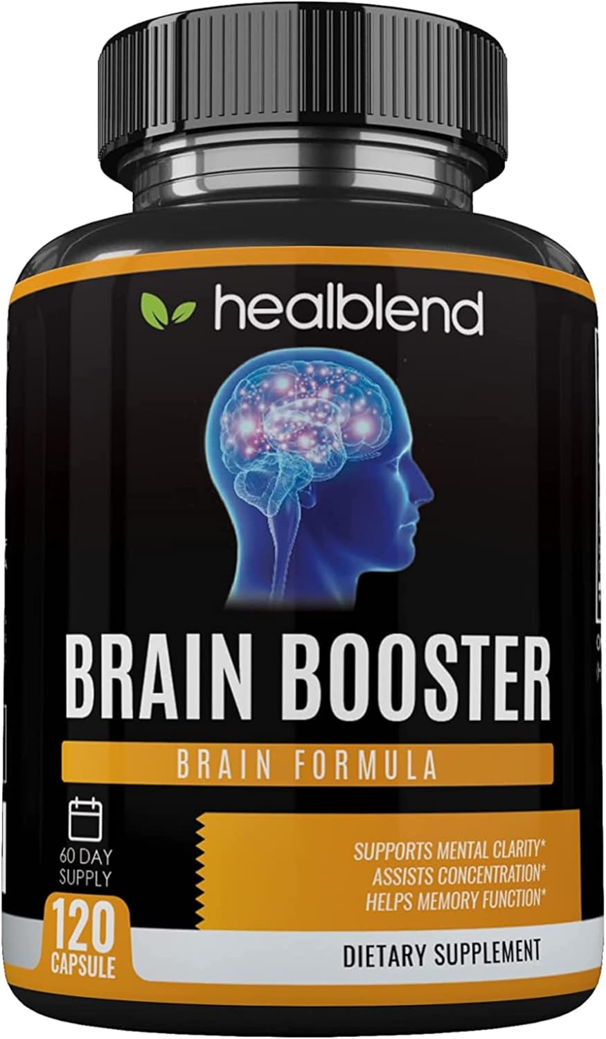 Vegan Brain Booster Supplement with B12 Vitamin, Alpha GPC, DMAE, Gingko Biloba, Rhodiola - Memory and Focus Support - 120 Capsules
