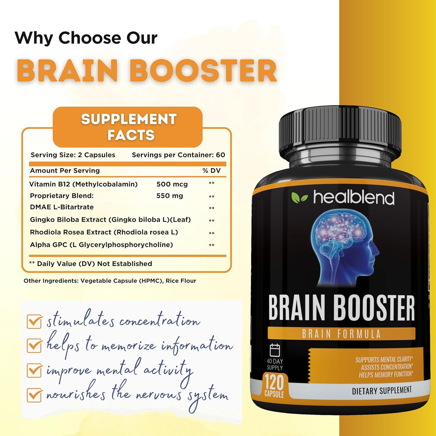 Vegan Brain Booster Supplement with B12 Vitamin, Alpha GPC, DMAE, Gingko Biloba, Rhodiola - Memory and Focus Support - 120 Capsules