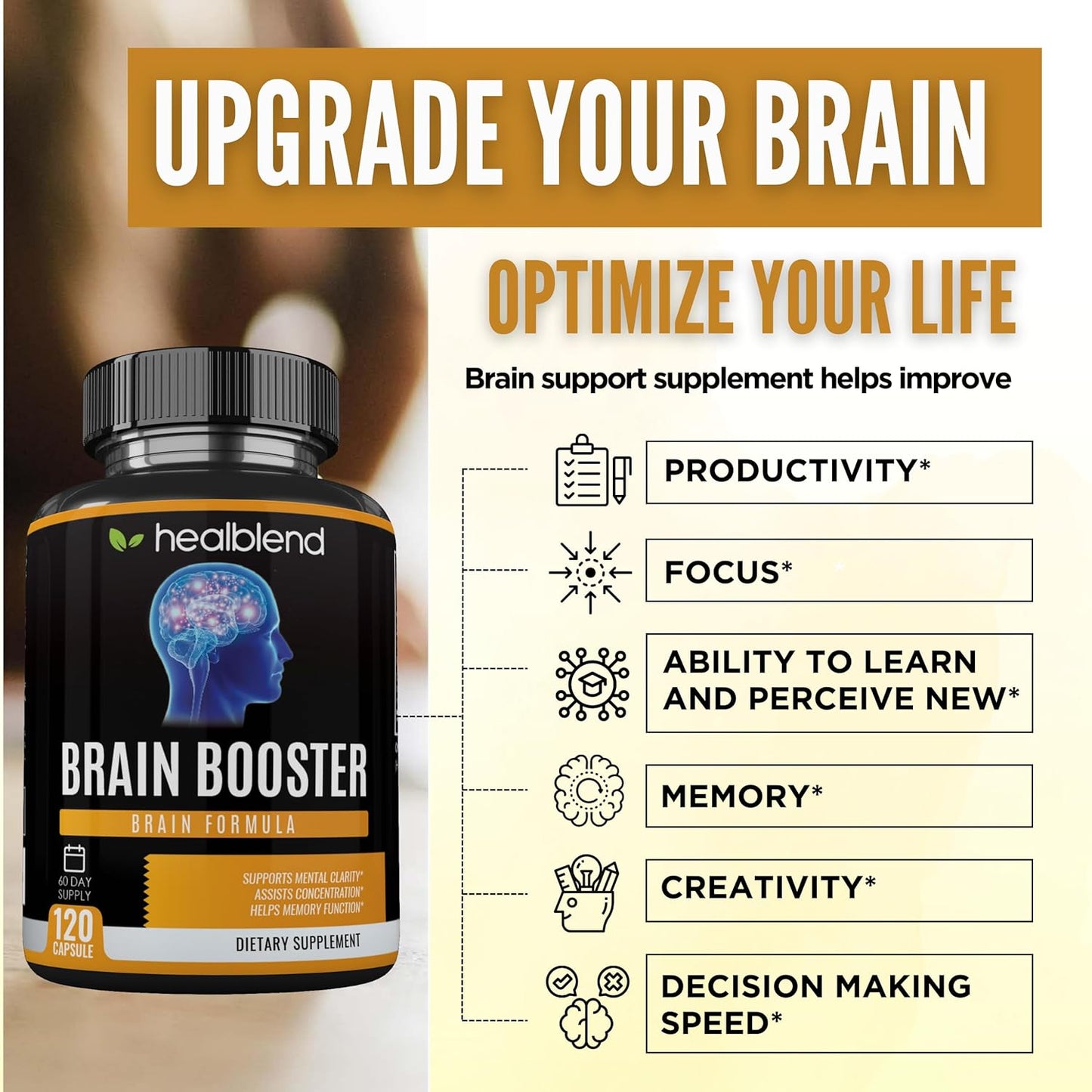 Vegan Brain Booster Supplement with B12 Vitamin, Alpha GPC, DMAE, Gingko Biloba, Rhodiola - Memory and Focus Support - 120 Capsules