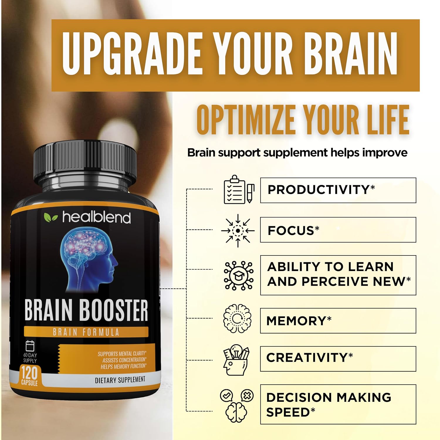 Vegan Brain Booster Supplement with B12 Vitamin, Alpha GPC, DMAE, Gingko Biloba, Rhodiola - Memory and Focus Support - 120 Capsules