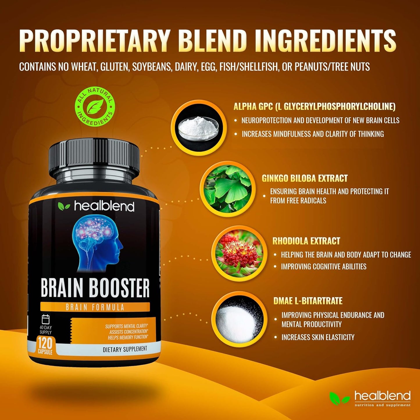Vegan Brain Booster Supplement with B12 Vitamin, Alpha GPC, DMAE, Gingko Biloba, Rhodiola - Memory and Focus Support - 120 Capsules