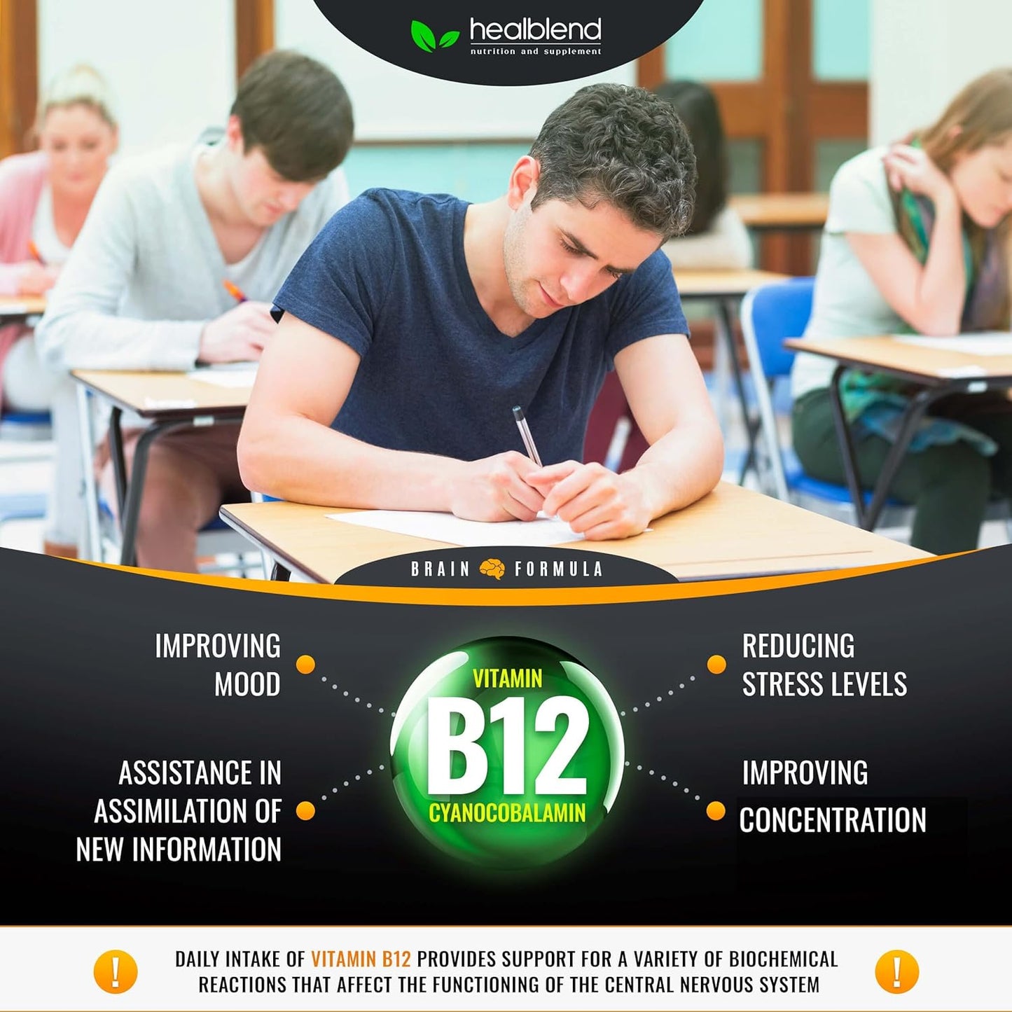 Vegan Brain Booster Supplement with B12 Vitamin, Alpha GPC, DMAE, Gingko Biloba, Rhodiola - Memory and Focus Support - 120 Capsules