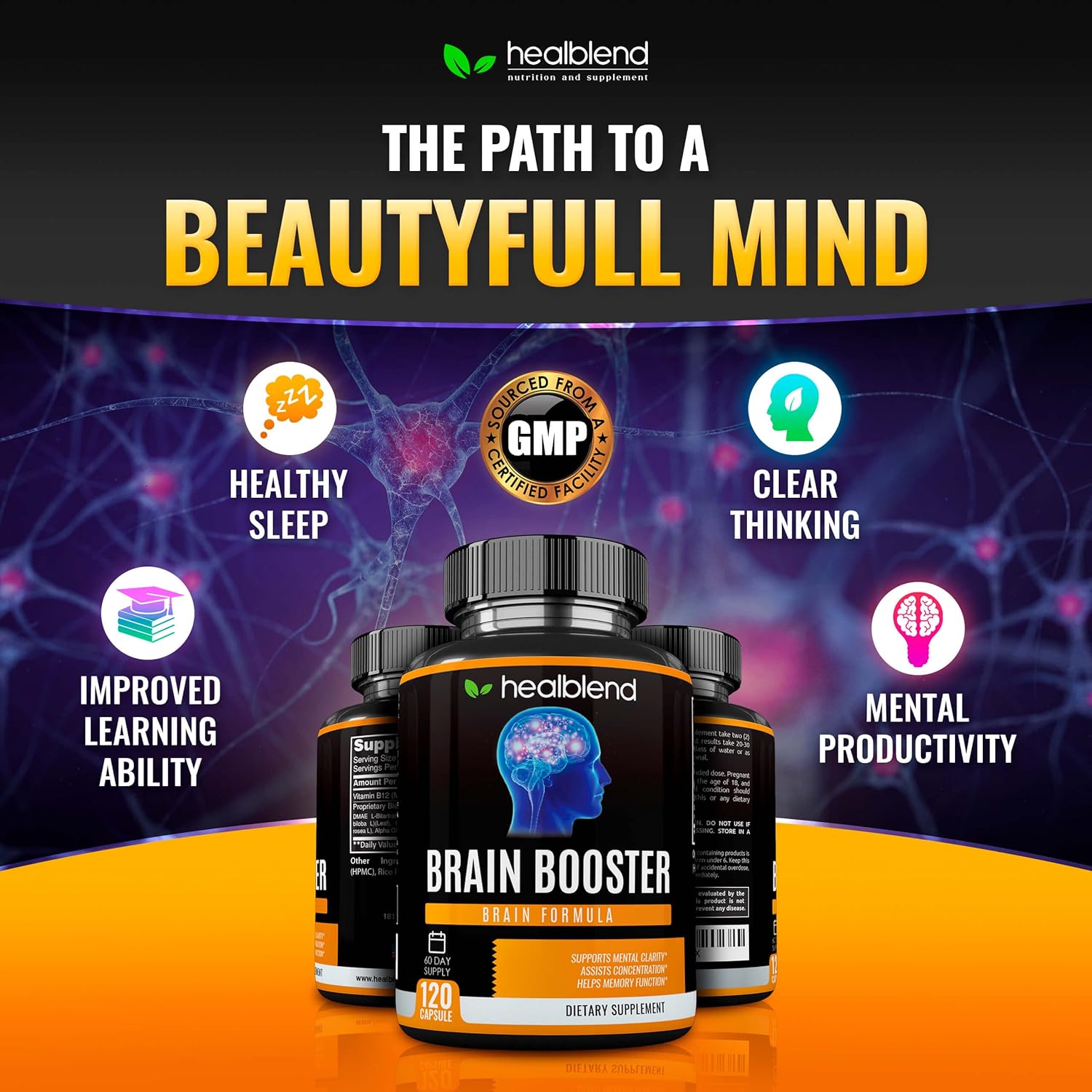 Vegan Brain Booster Supplement with B12 Vitamin, Alpha GPC, DMAE, Gingko Biloba, Rhodiola - Memory and Focus Support - 120 Capsules