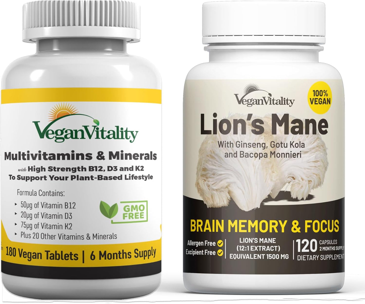 Vegan Brain Health Bundle - Lions Mane Nootropic Capsules & Vegan Multivitamins. Plant-Based Supplements for Memory, Focus & Overall Health