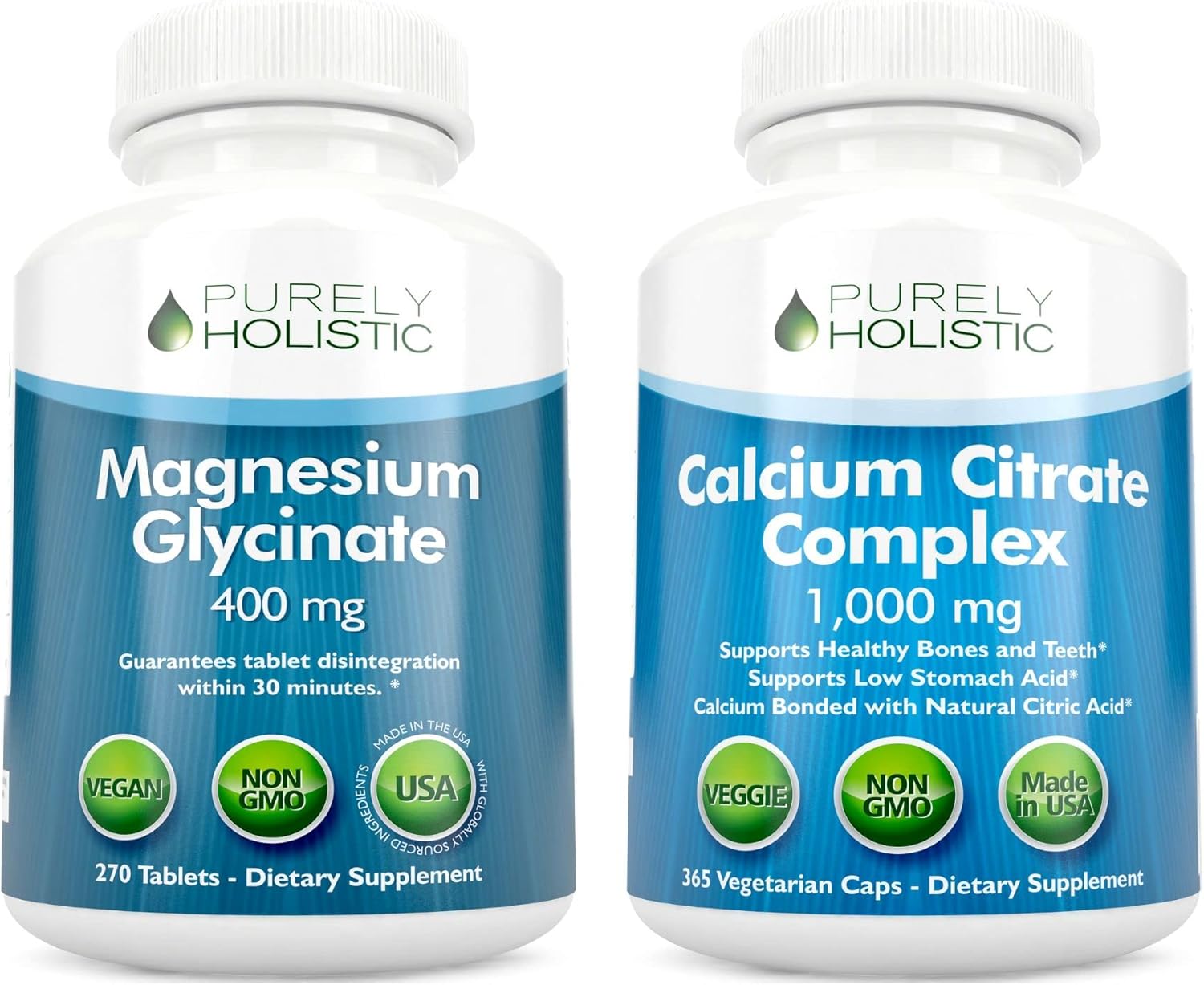 Vegan Bundle: Magnesium Glycinate 400mg, Calcium Citrate 1000mg with Herbs - 270 Tablets & 365 Capsules