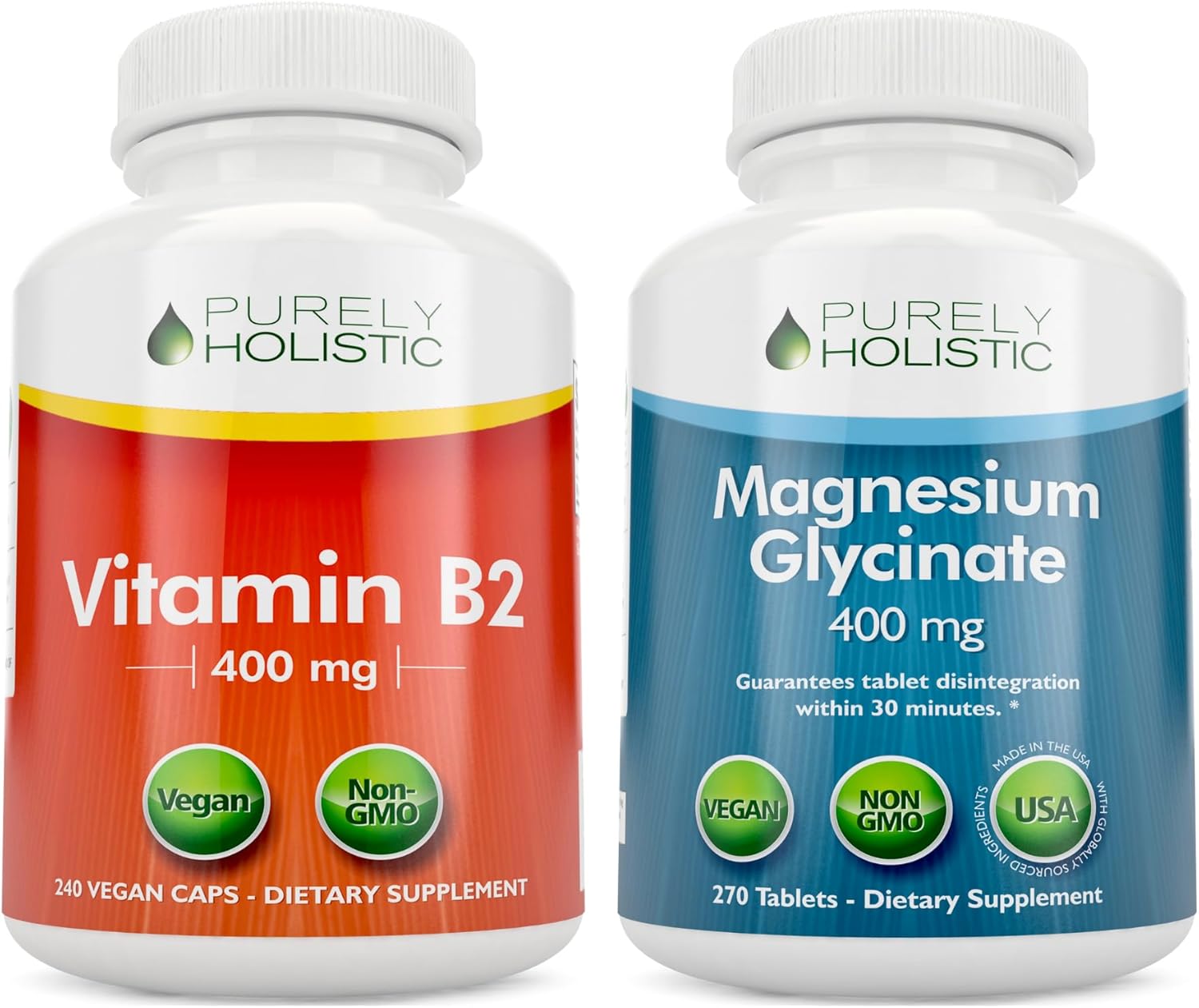 Vegan Bundle: Vitamin B2 Riboflavin 400mg + Magnesium Glycinate 400mg - 510 Capsules - USA Made