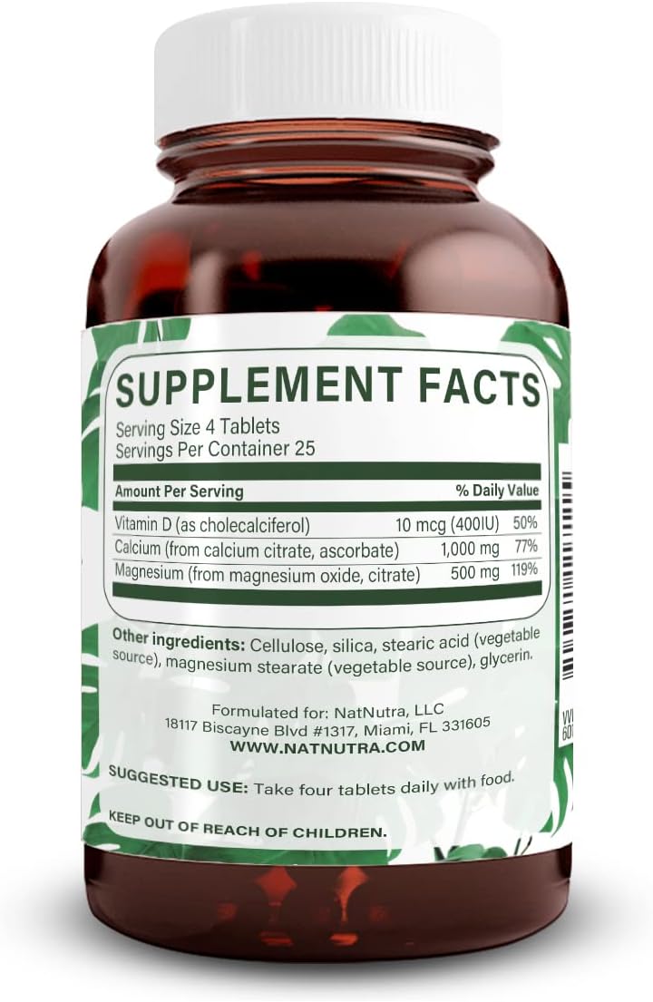 Vegan Cal-Mag Citrate with Vitamin D3, 1000/500 mg Complex for Bone, Muscle, and Nerve Health - 100 Tablets