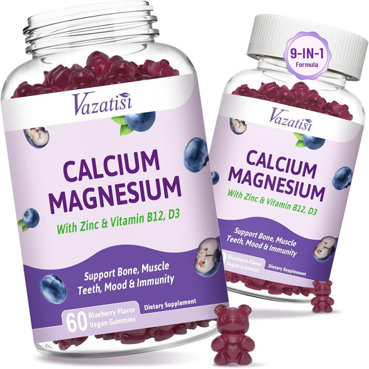 Vegan Calcium Gummies with Magnesium, Zinc, Vitamin D3 & B12 - 120 Blueberry Flavor Gummies for Bone, Muscle, Immunity - Men & Women