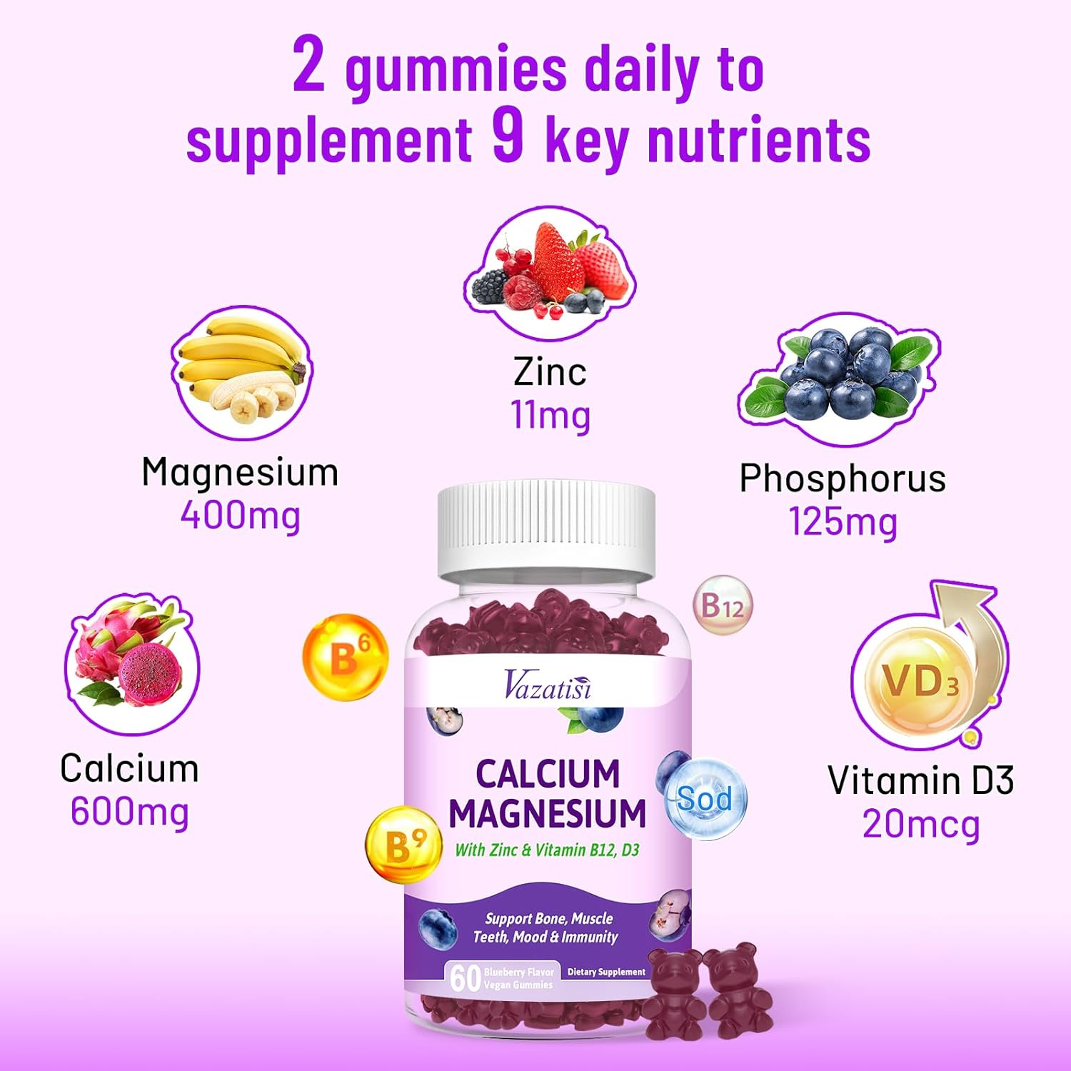 Vegan Calcium Gummies with Magnesium, Zinc, Vitamin D3 & B12 - 120 Blueberry Flavor Gummies for Bone, Muscle, Immunity - Men & Women