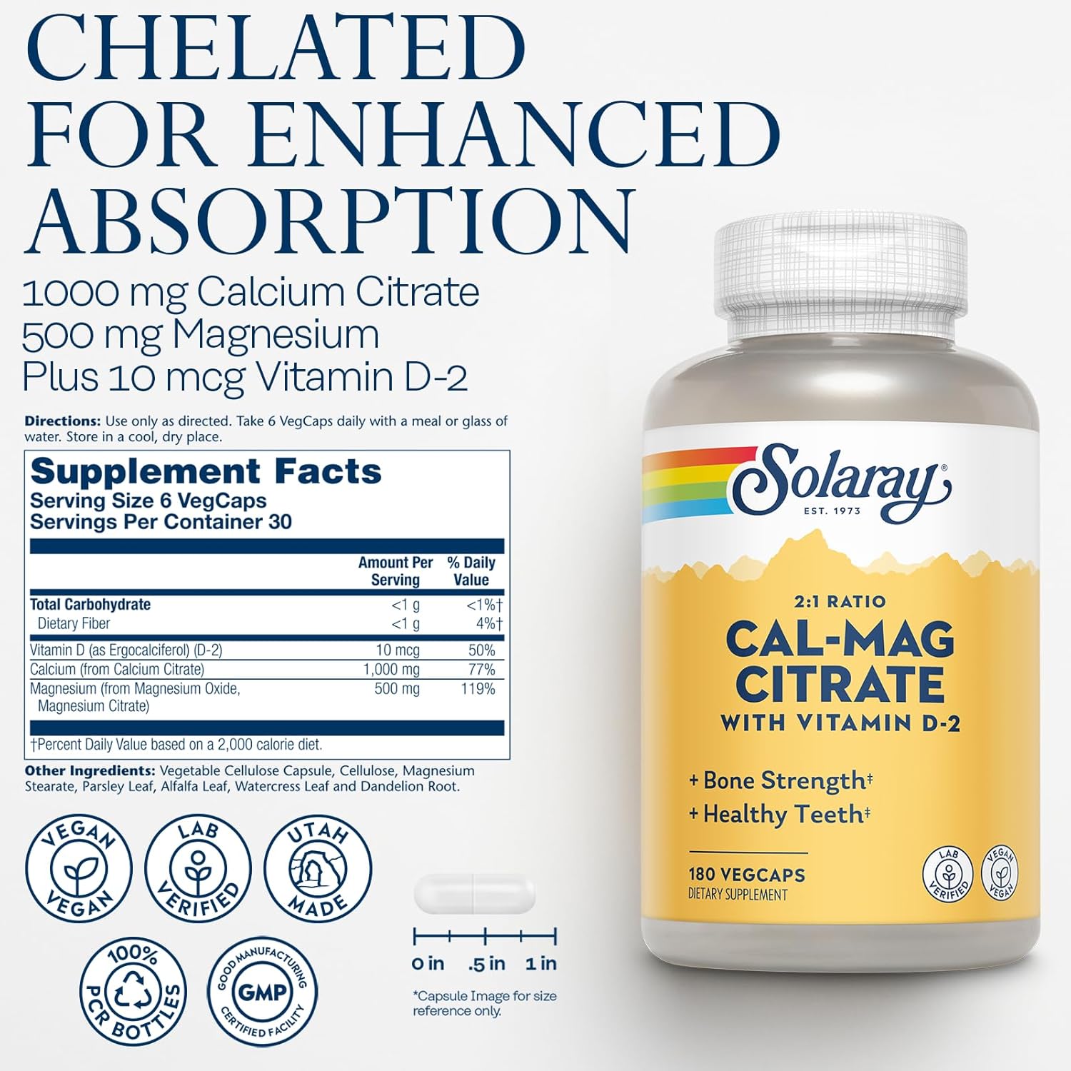 Vegan Calcium Magnesium Citrate 2:1 Ratio Supplement with Vitamin D - Bone Health Support for Men and Women - 180 VegCaps, 30 Servings