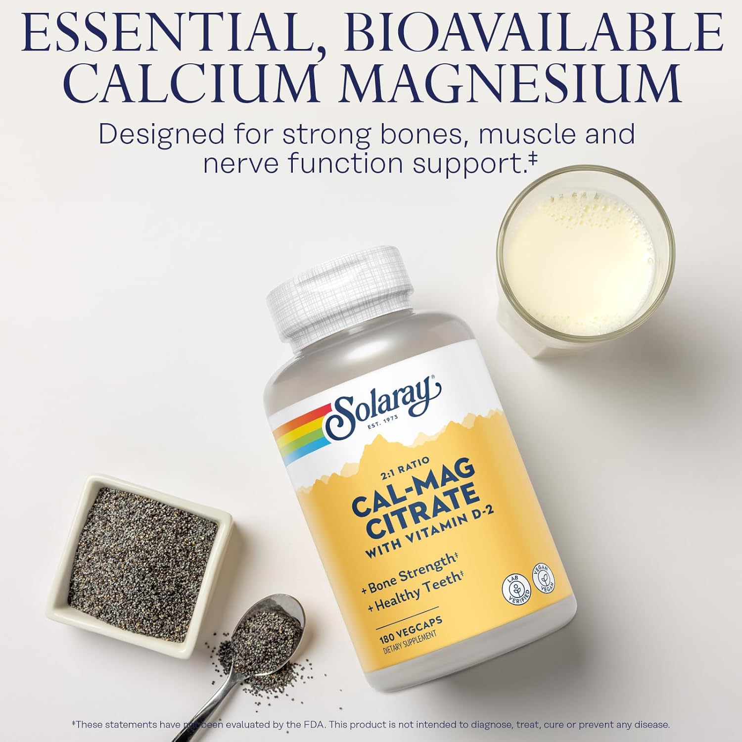 Vegan Calcium Magnesium Citrate 2:1 Ratio Supplement with Vitamin D - Bone Health Support for Men and Women - 180 VegCaps, 30 Servings
