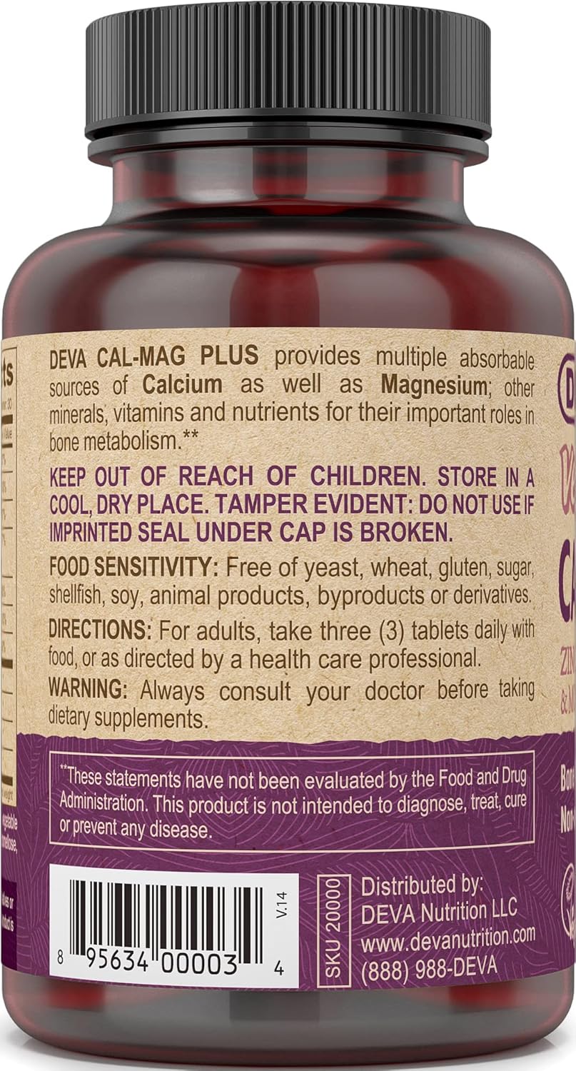 Vegan Calcium Magnesium Supplement with Zinc, Vitamin C, D, K, & Boron - Gluten & Sugar Free (90 Tablets)