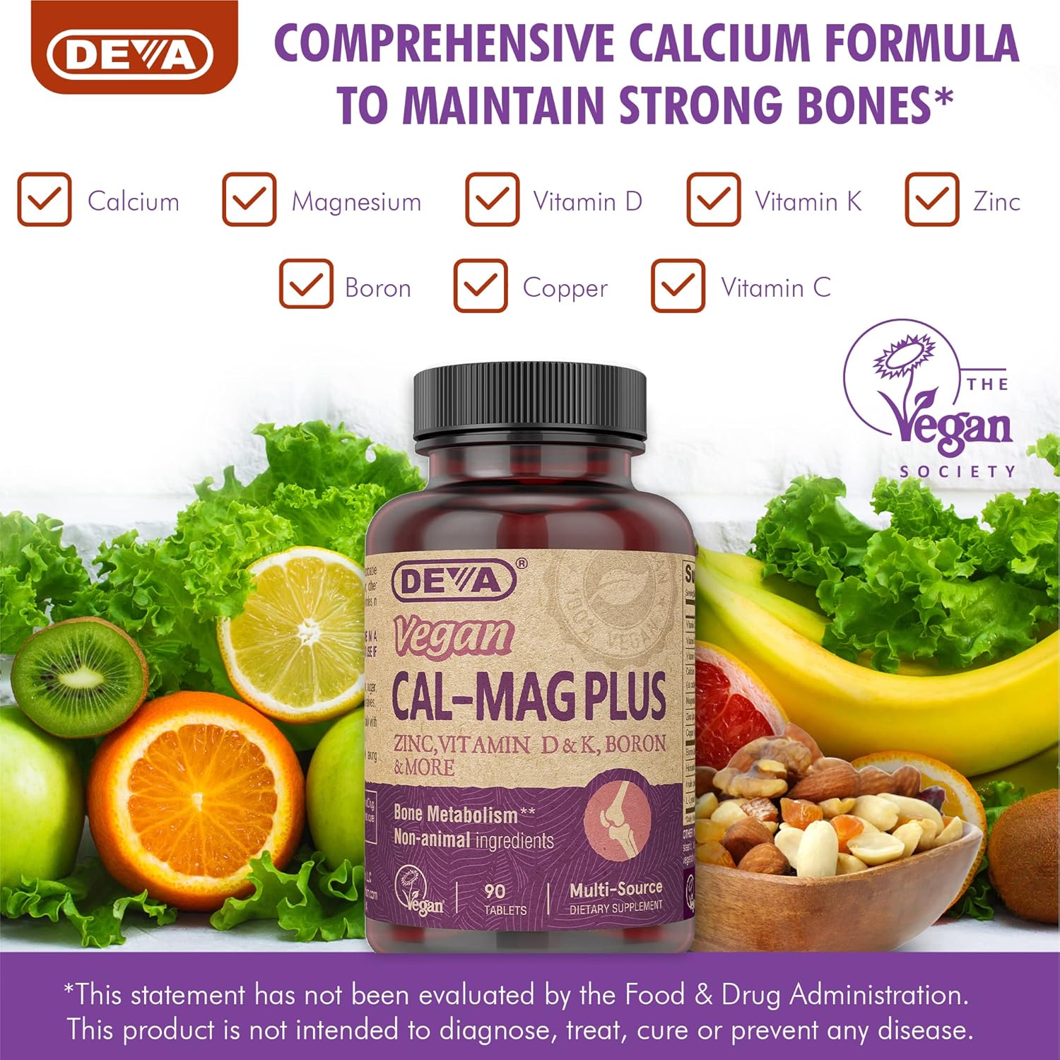 Vegan Calcium Magnesium Supplement with Zinc, Vitamin C, D, K, & Boron - Gluten & Sugar Free (90 Tablets)