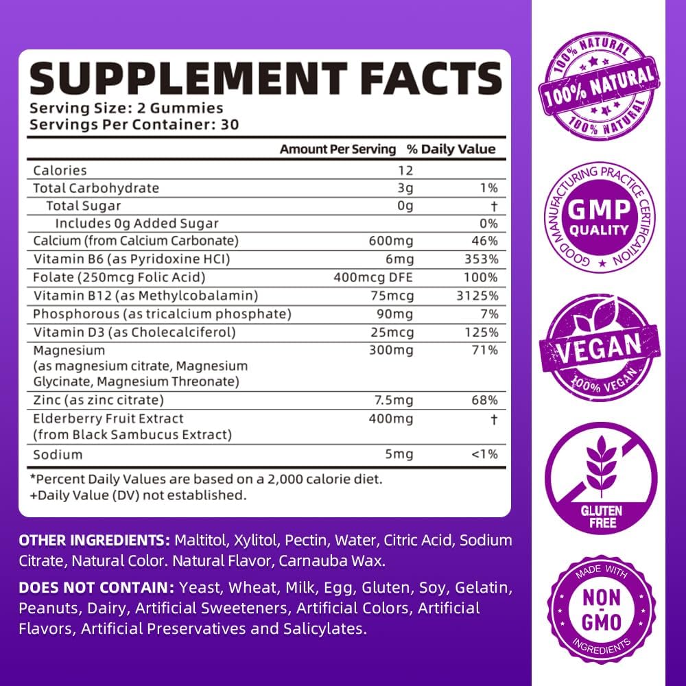 Vegan Calcium Magnesium Zinc Gummies for Women - Chewable Supplement for Bone Strength - High Absorption - Elderberry Flavor - 60 Gummies