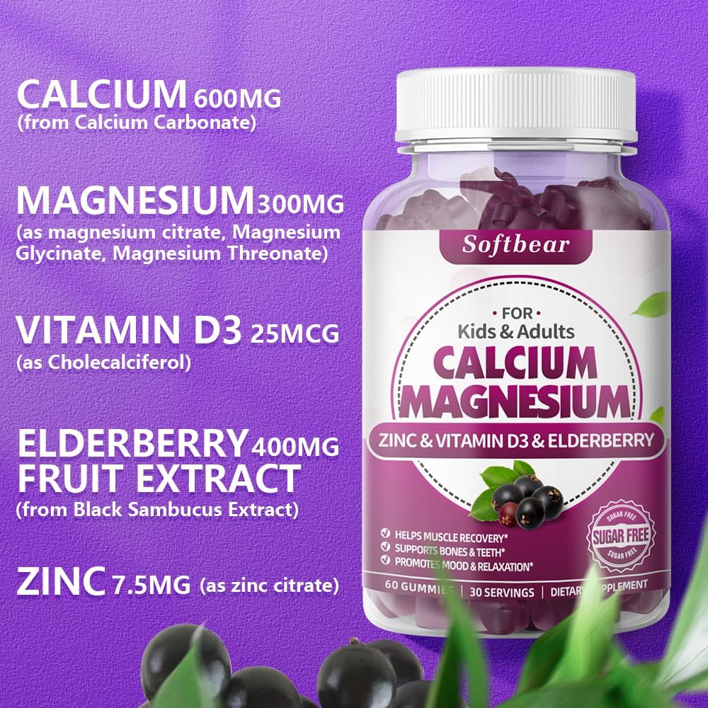Vegan Calcium Magnesium Zinc Gummies for Women - Chewable Supplement for Bone Strength - High Absorption - Elderberry Flavor - 60 Gummies