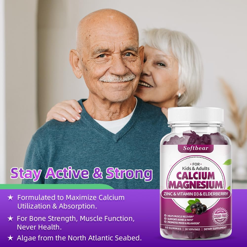 Vegan Calcium Magnesium Zinc Gummies for Women - Chewable Supplement for Bone Strength - High Absorption - Elderberry Flavor - 60 Gummies