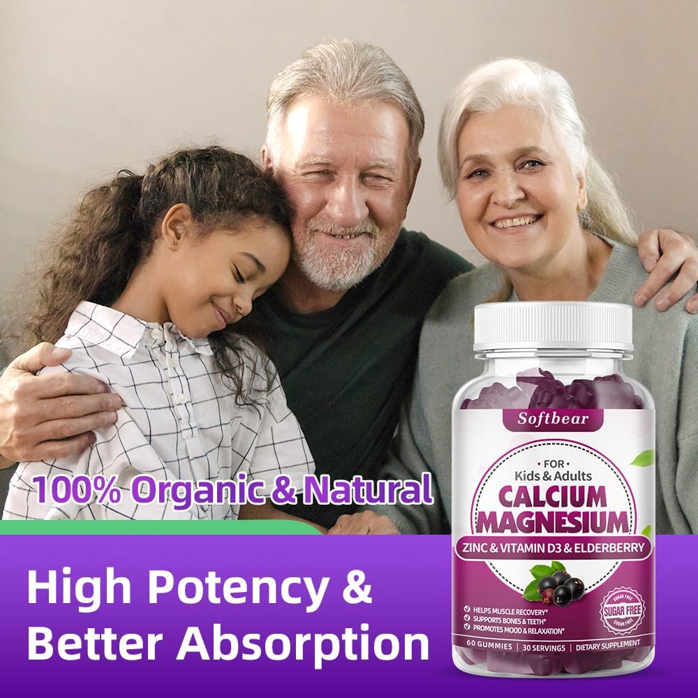 Vegan Calcium Magnesium Zinc Gummies for Women - Chewable Supplement for Bone Strength - High Absorption - Elderberry Flavor - 60 Gummies