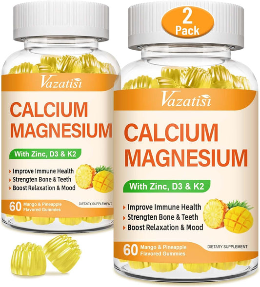 Vegan Calcium Magnesium Zinc Gummies with Vitamin D3 & K2 for Immune, Bone, and Muscles - Mango Pineapple Flavor (120 Gummies)