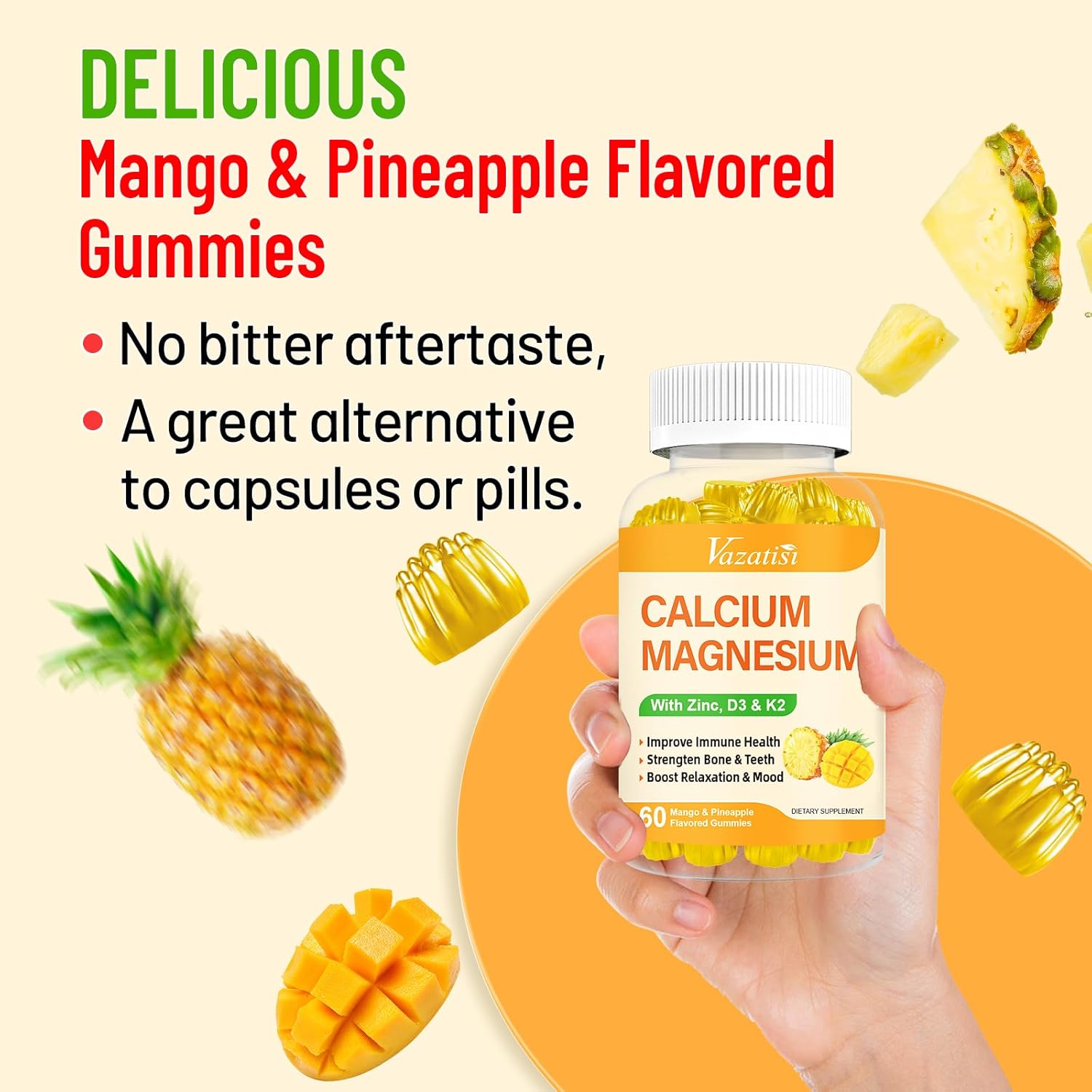 Vegan Calcium Magnesium Zinc Gummies with Vitamin D3 & K2 for Immune, Bone, and Muscles - Mango Pineapple Flavor (120 Gummies)