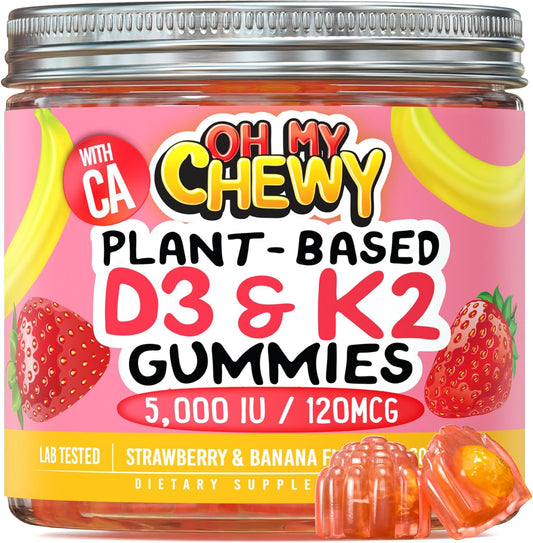 Vegan Center-Filled Vitamin D3 K2 Gummies for Teeth, Bone, Energy & Immunity - Kids, Teens & Adults - 5000 IU D3, 120 mcg K2(MK-7), 120 mg Calcium - Non-GMO - 60 Count