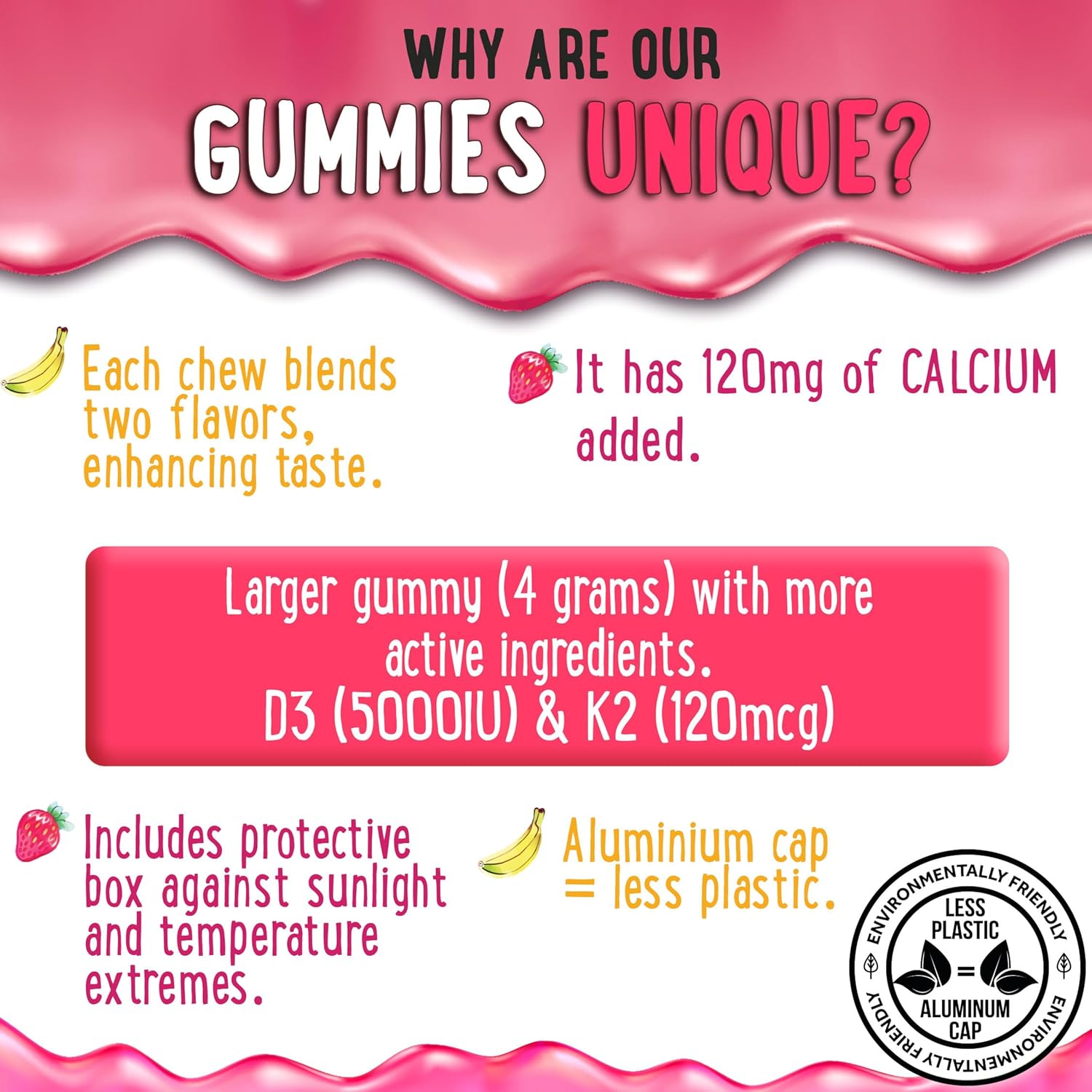 Vegan Center-Filled Vitamin D3 K2 Gummies for Teeth, Bone, Energy & Immunity - Kids, Teens & Adults - 5000 IU D3, 120 mcg K2(MK-7), 120 mg Calcium - Non-GMO - 60 Count