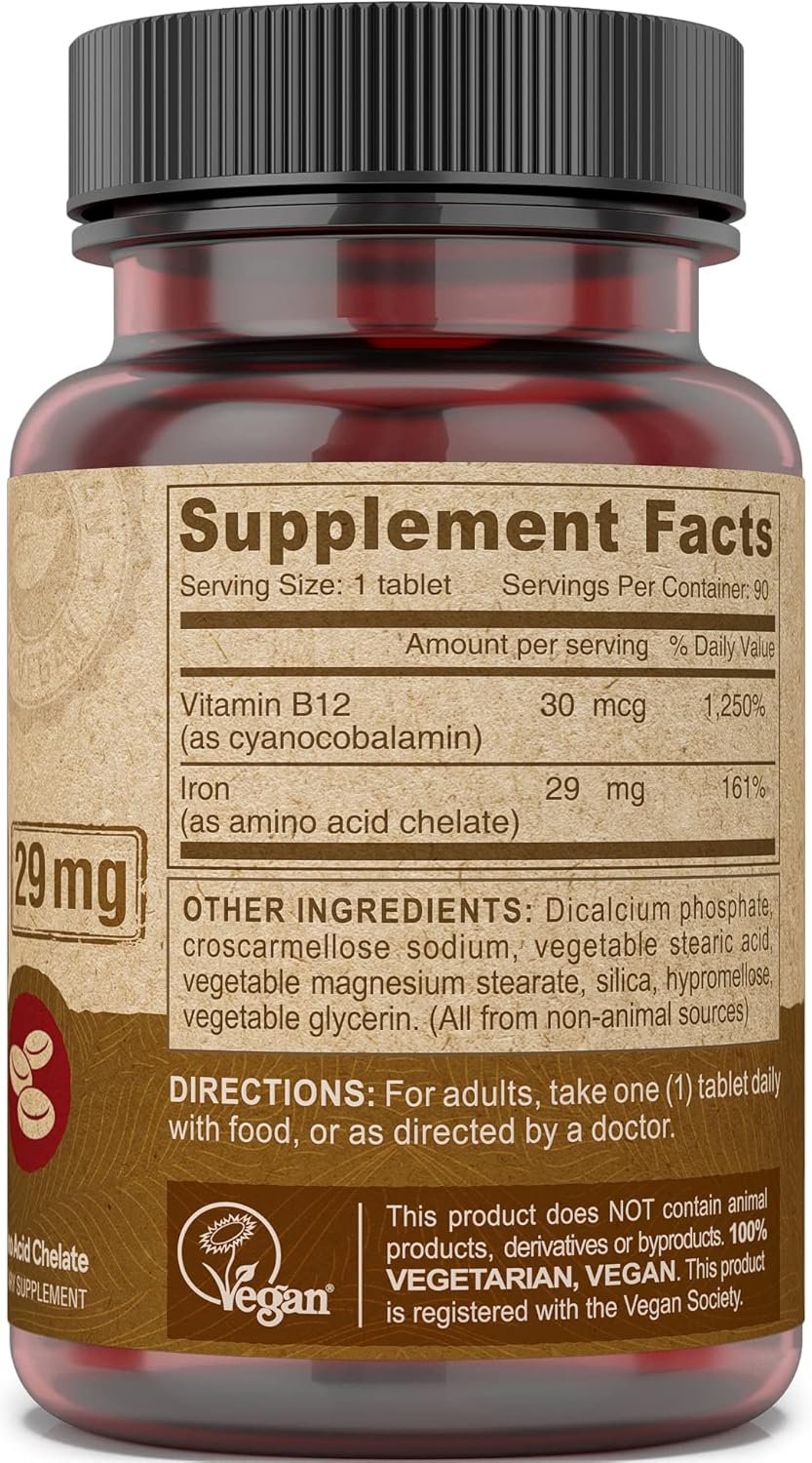 Vegan Chelated Iron Supplement with Vitamin B-12, 29 mg, 90 Tablets