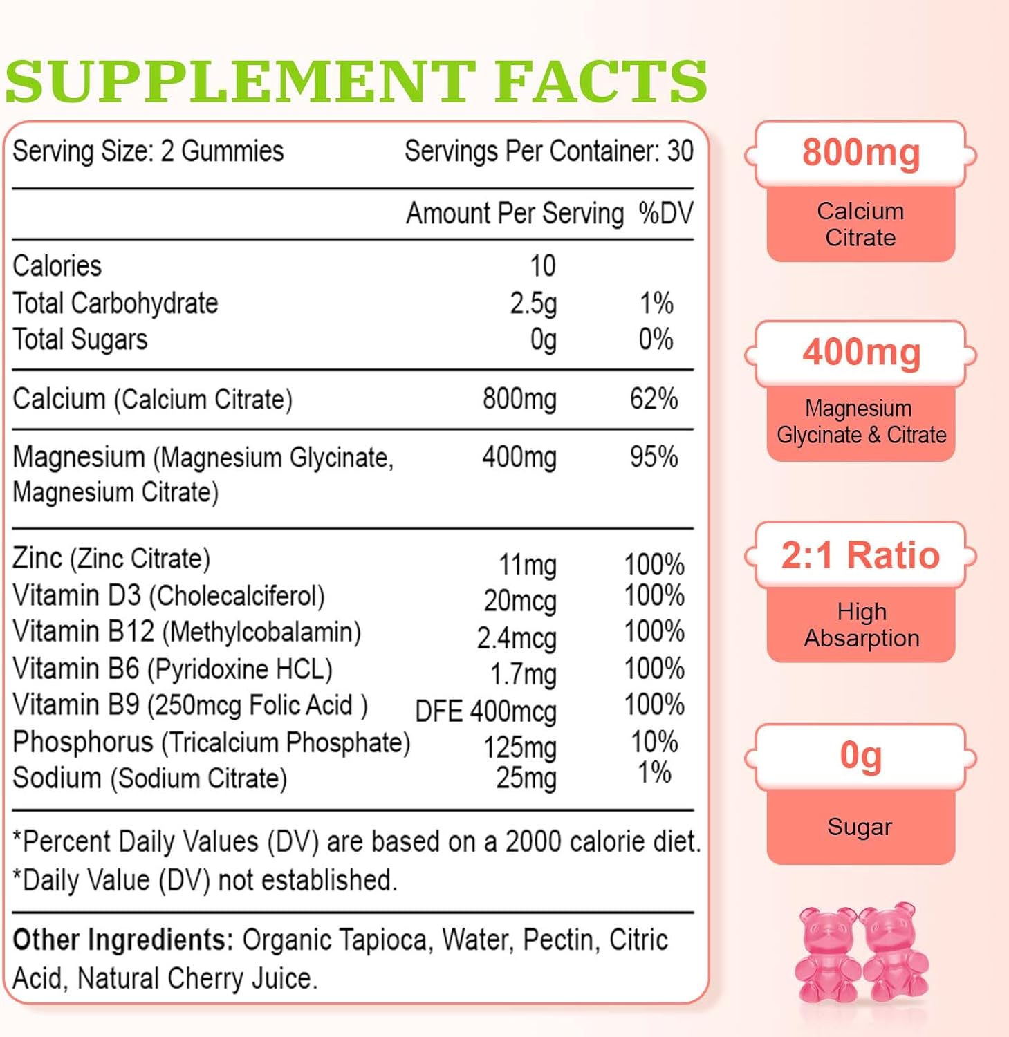 Vegan Cherry Flavored Calcium Magnesium Zinc Gummies with Vitamin D3 & B12 for Bone, Muscle, Mood, and Immunity Support - 60 Gummies