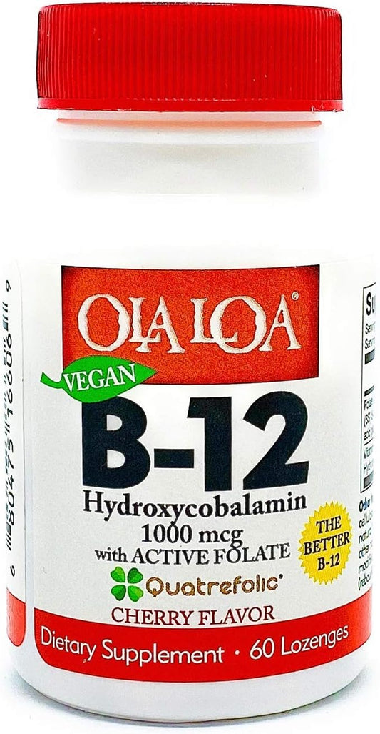 Vegan Cherry Flavored Vitamin B12 Sublingual Tablets with Active Folate - Energy Boost and Nerve Support - 60 Count