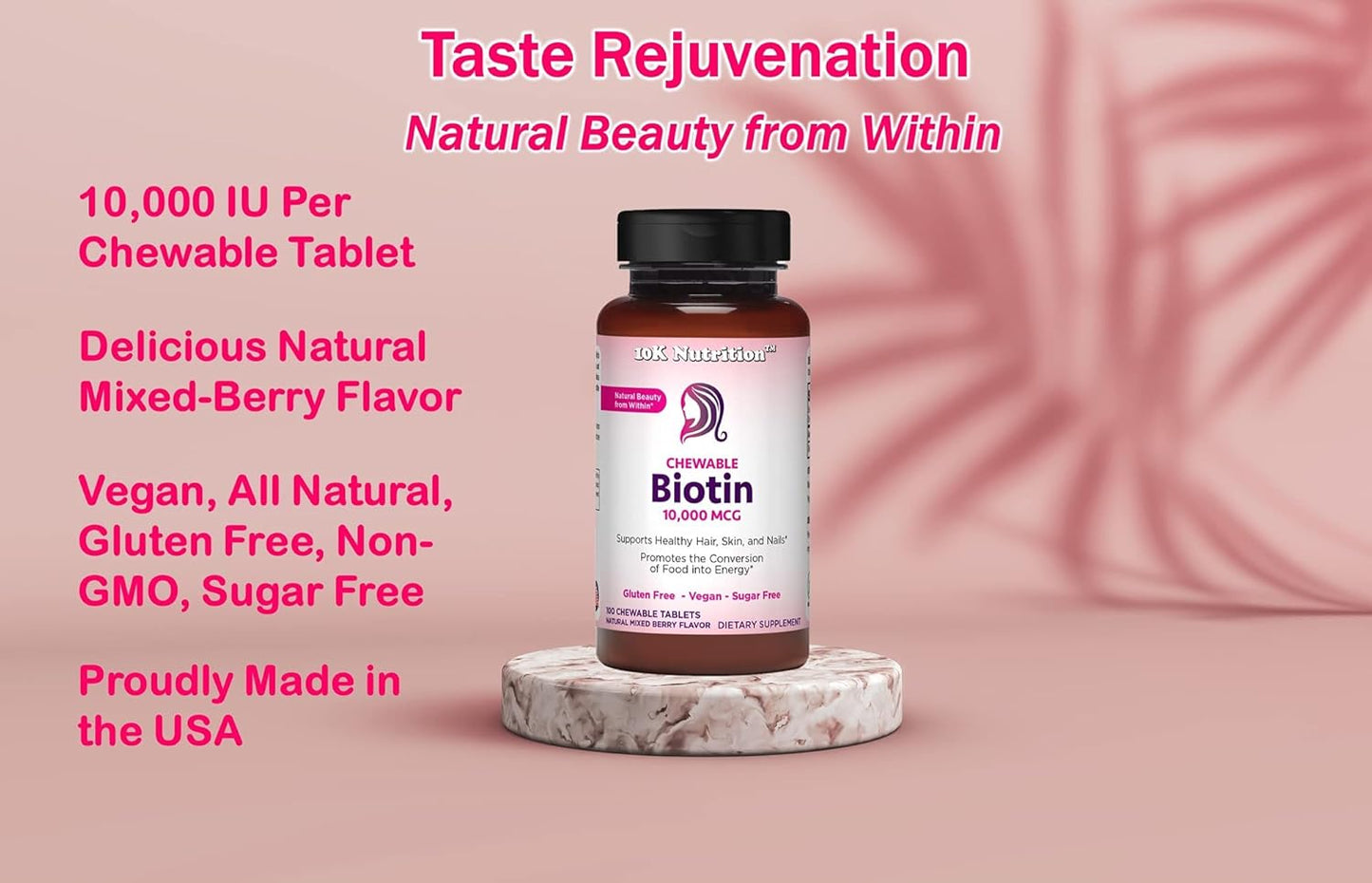 Vegan Chewable Biotin 10,000mcg Tablets - Mixed Berry Flavor - Supports Healthy Hair, Skin & Nails - Non-GMO - Gluten & Sugar Free - 100 Count