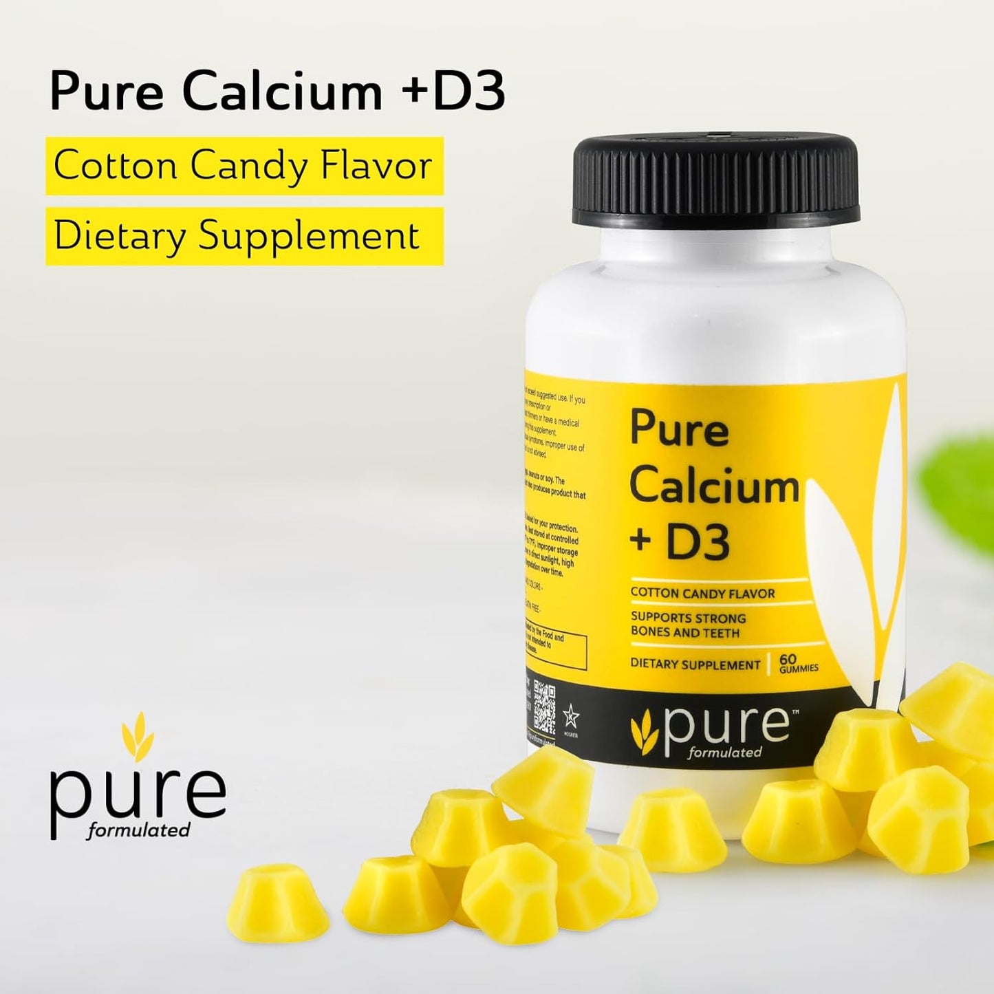 Vegan Chewable Calcium + Vitamin D3 Gummies for Bone & Teeth Support - 1000 IU - Gluten and Dairy Free - Kosher - 60 Gummies