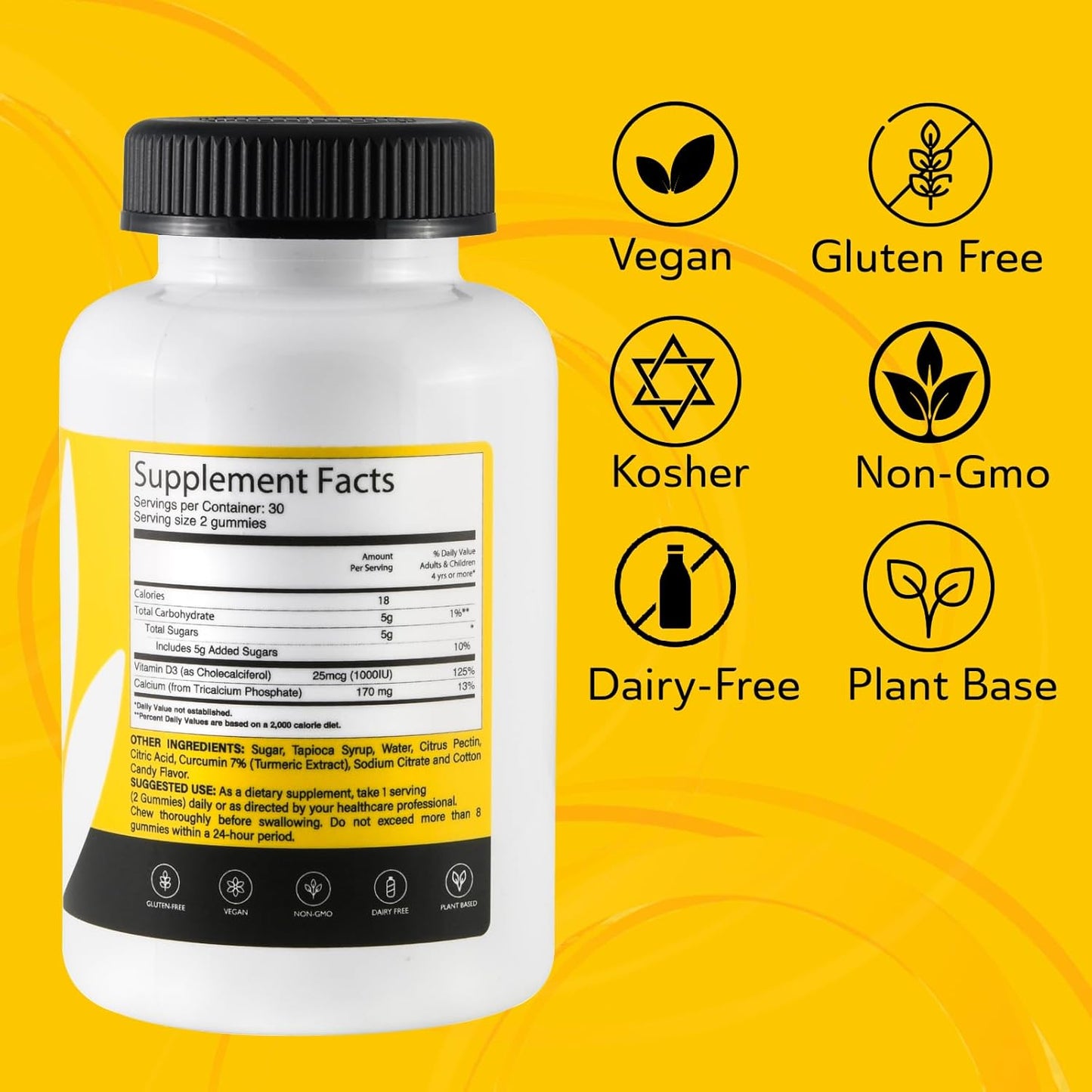 Vegan Chewable Calcium + Vitamin D3 Gummies for Bone & Teeth Support - 1000 IU - Gluten and Dairy Free - Kosher - 60 Gummies