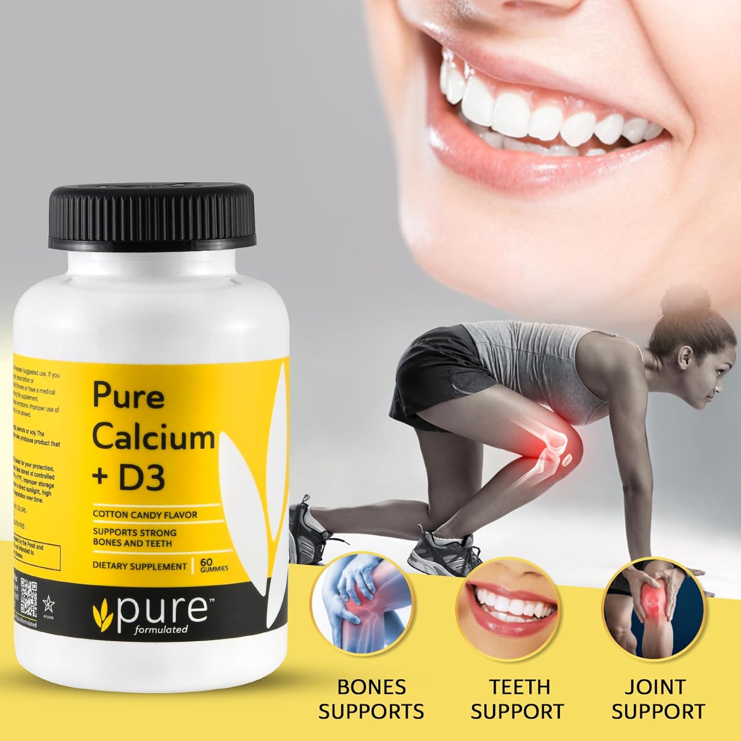 Vegan Chewable Calcium + Vitamin D3 Gummies for Bone & Teeth Support - 1000 IU - Gluten and Dairy Free - Kosher - 60 Gummies