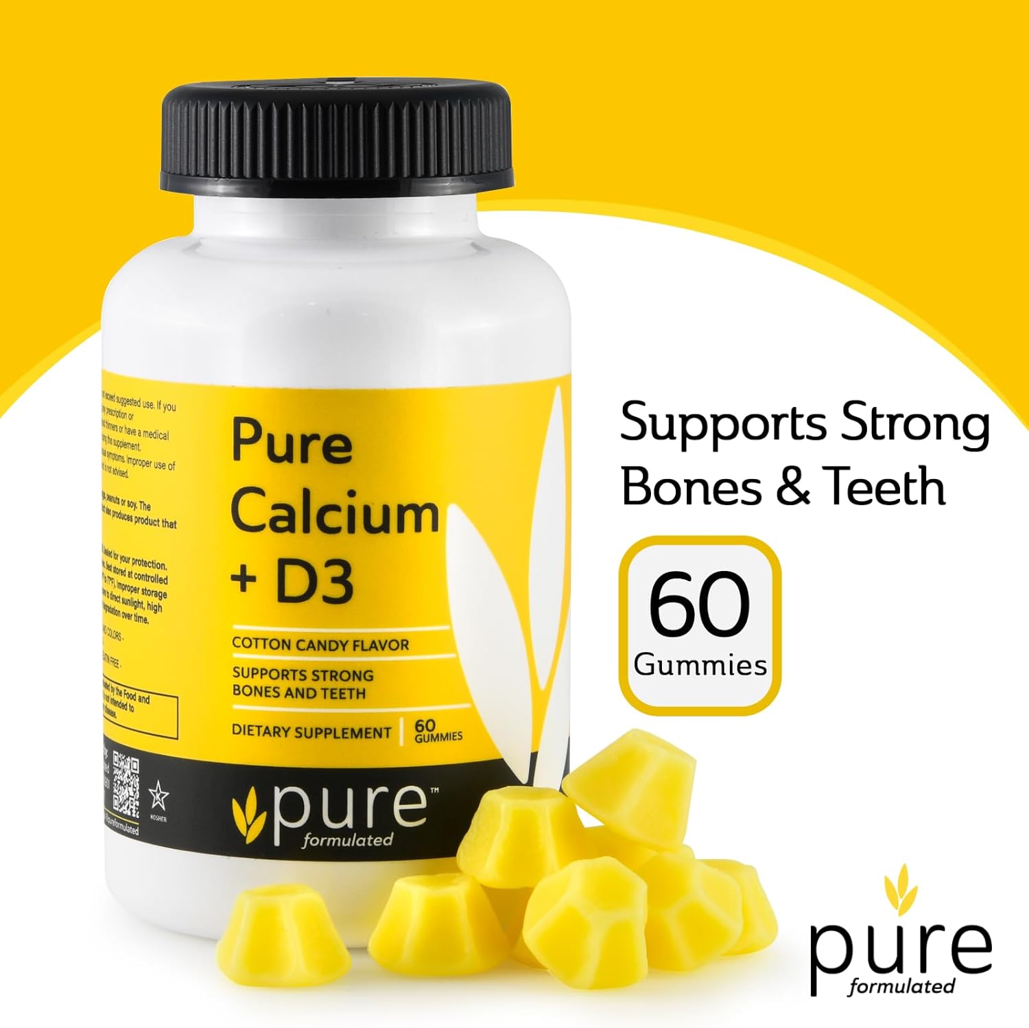 Vegan Chewable Calcium + Vitamin D3 Gummies for Bone & Teeth Support - 1000 IU - Gluten and Dairy Free - Kosher - 60 Gummies