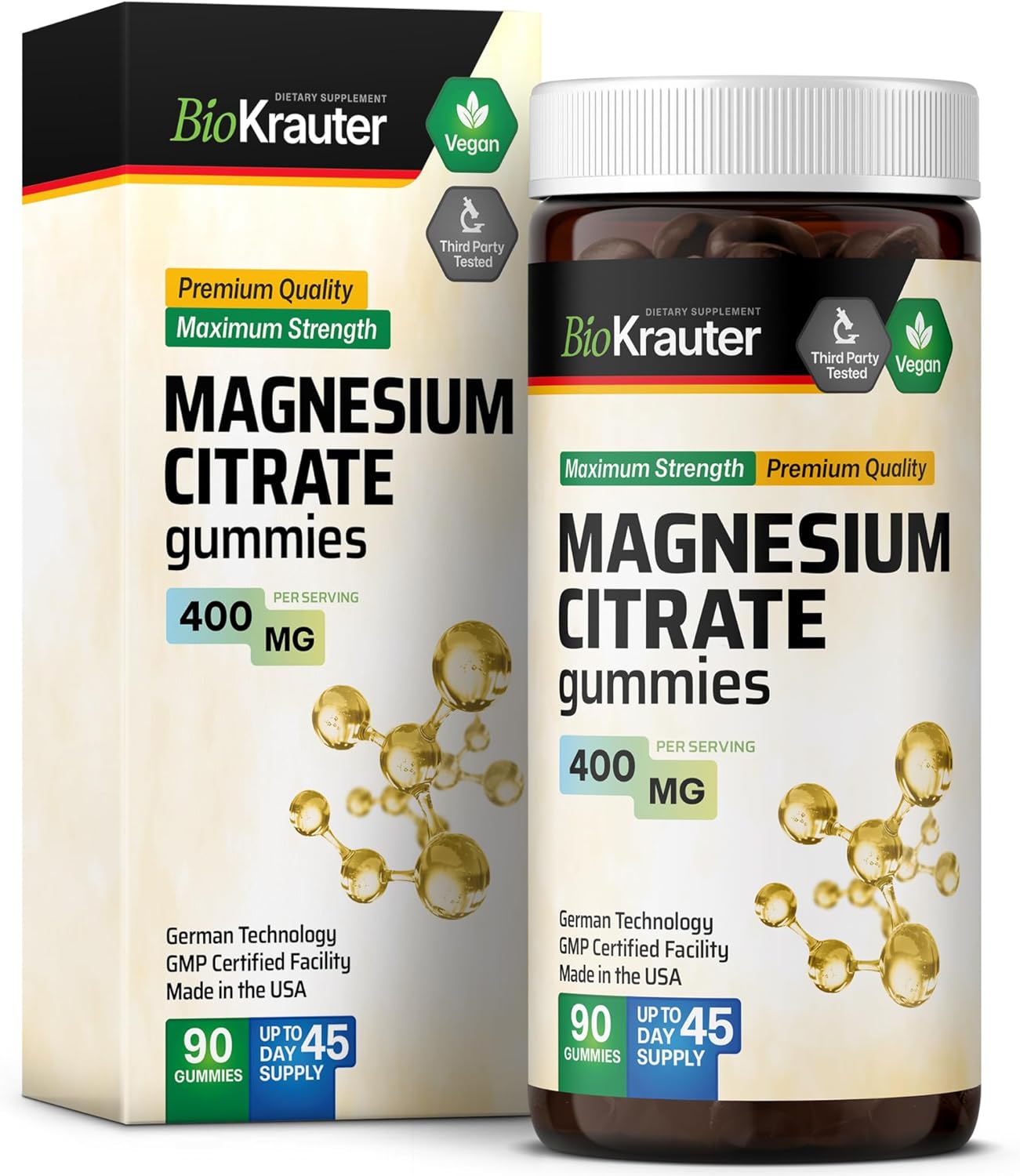 Vegan Chewable Magnesium Citrate Gummies - 400mg Strength for Women and Men - 90 Count - Pectin-Based Supplement