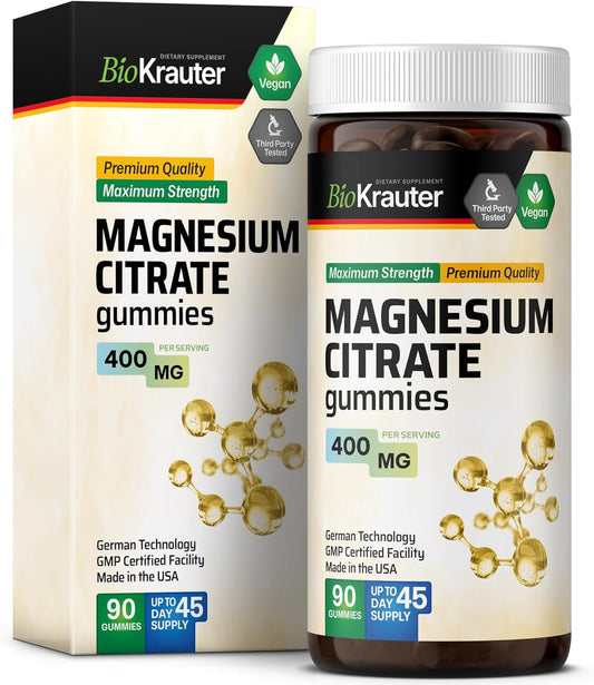 Vegan Chewable Magnesium Citrate Gummies - 400mg Strength for Women and Men - 90 Count - Pectin-Based Supplement