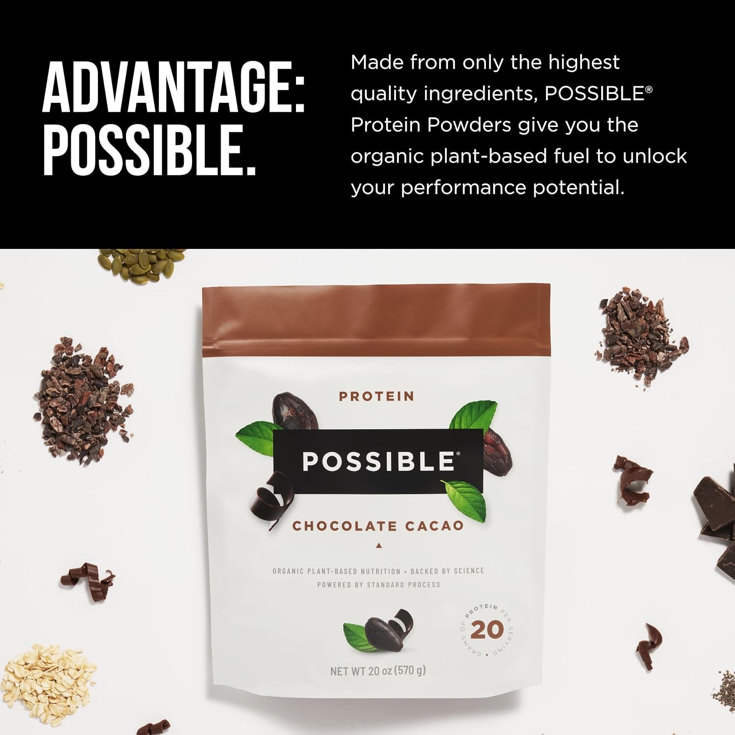 Vegan Chocolate Cacao Protein Powder - 20g Plant-Based Protein Mix - Non-GMO, Gluten-Free - 3.5g BCAAs - 9 Essential Amino Acids - 15-Day Supply