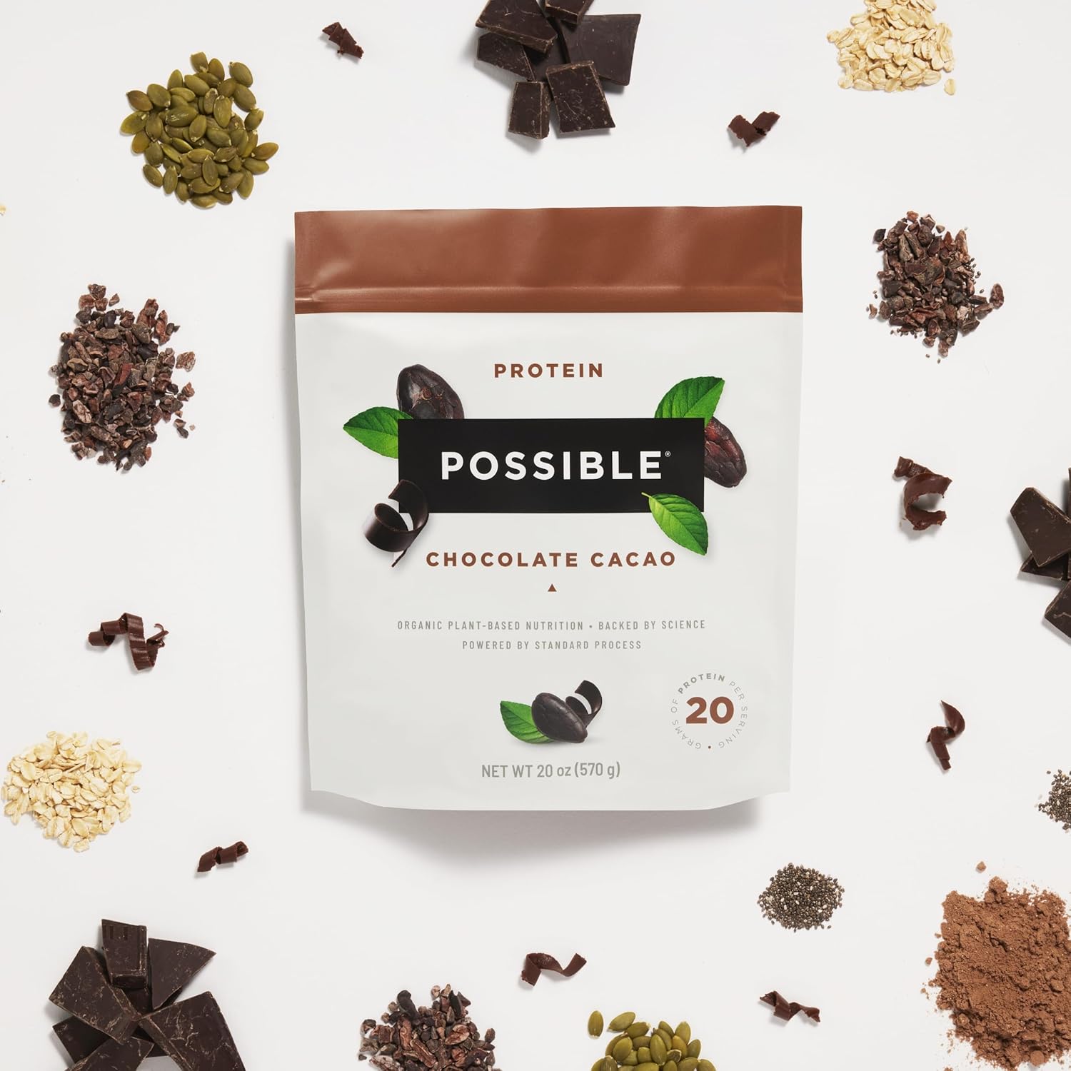 Vegan Chocolate Cacao Protein Powder - 20g Plant-Based Protein Mix - Non-GMO, Gluten-Free - 3.5g BCAAs - 9 Essential Amino Acids - 15-Day Supply
