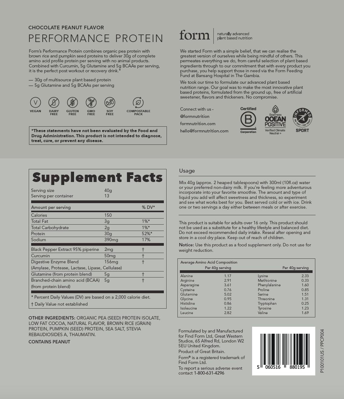 Vegan Chocolate Peanut Protein Powder - 30g Plant-Based Protein with BCAAs, Ideal for Post Workout Recovery