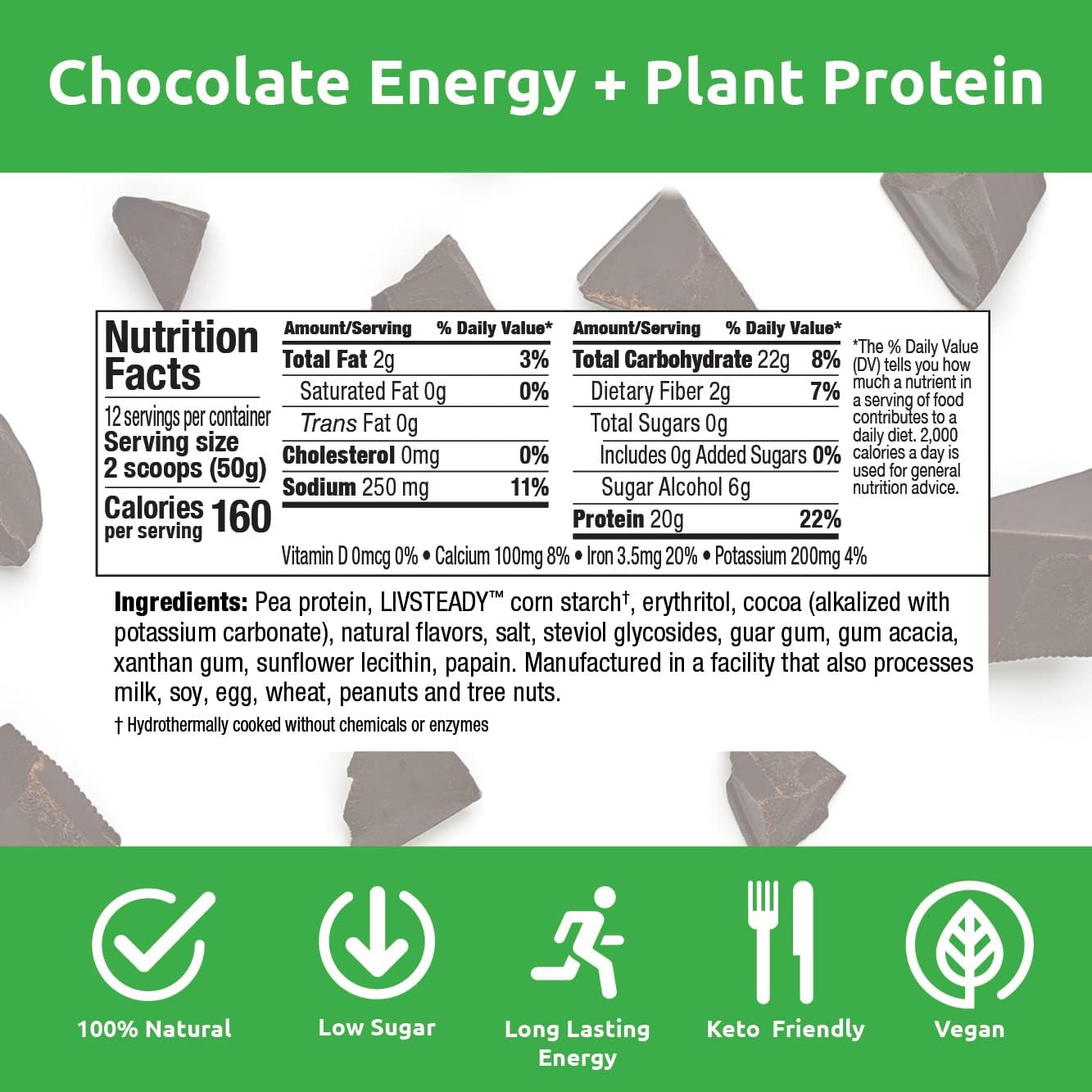 Vegan Chocolate Protein Powder with 20g Pea Protein - No Added Sugar, Keto-Friendly, Gluten-Free - Plant Based Protein Shake Mix - 12 Servings