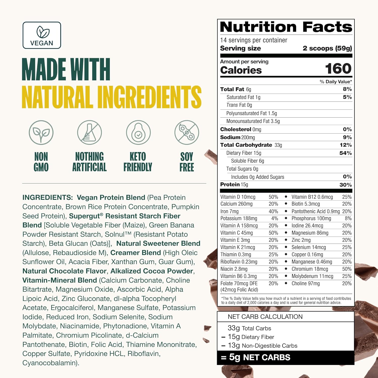Vegan Chocolate Supergut Prebiotic Shake: High Protein, High Fiber, Keto-Friendly Meal Replacement with No Added Sugar (14 Servings)